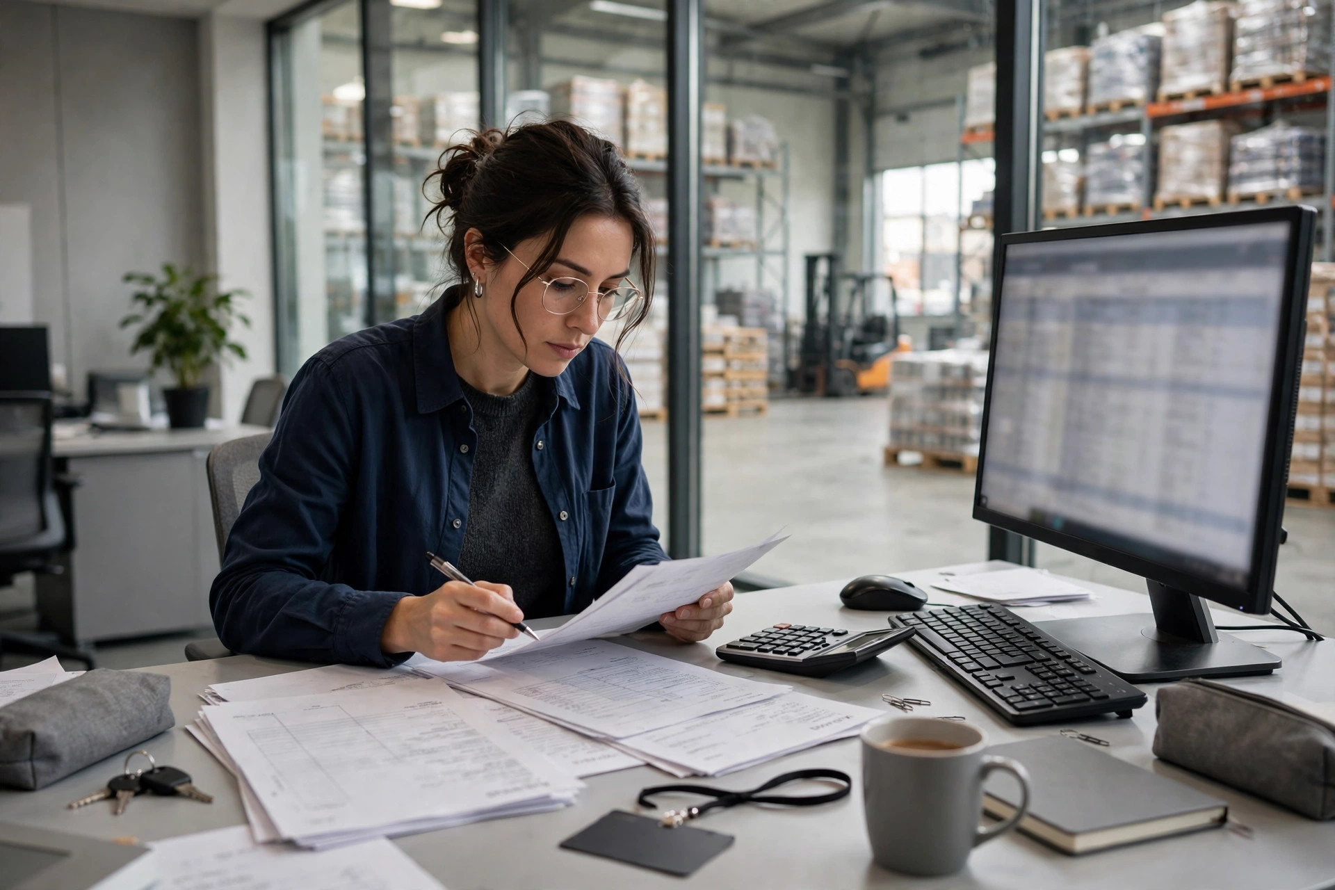 A finance analyst reviewing freight bills at a computer