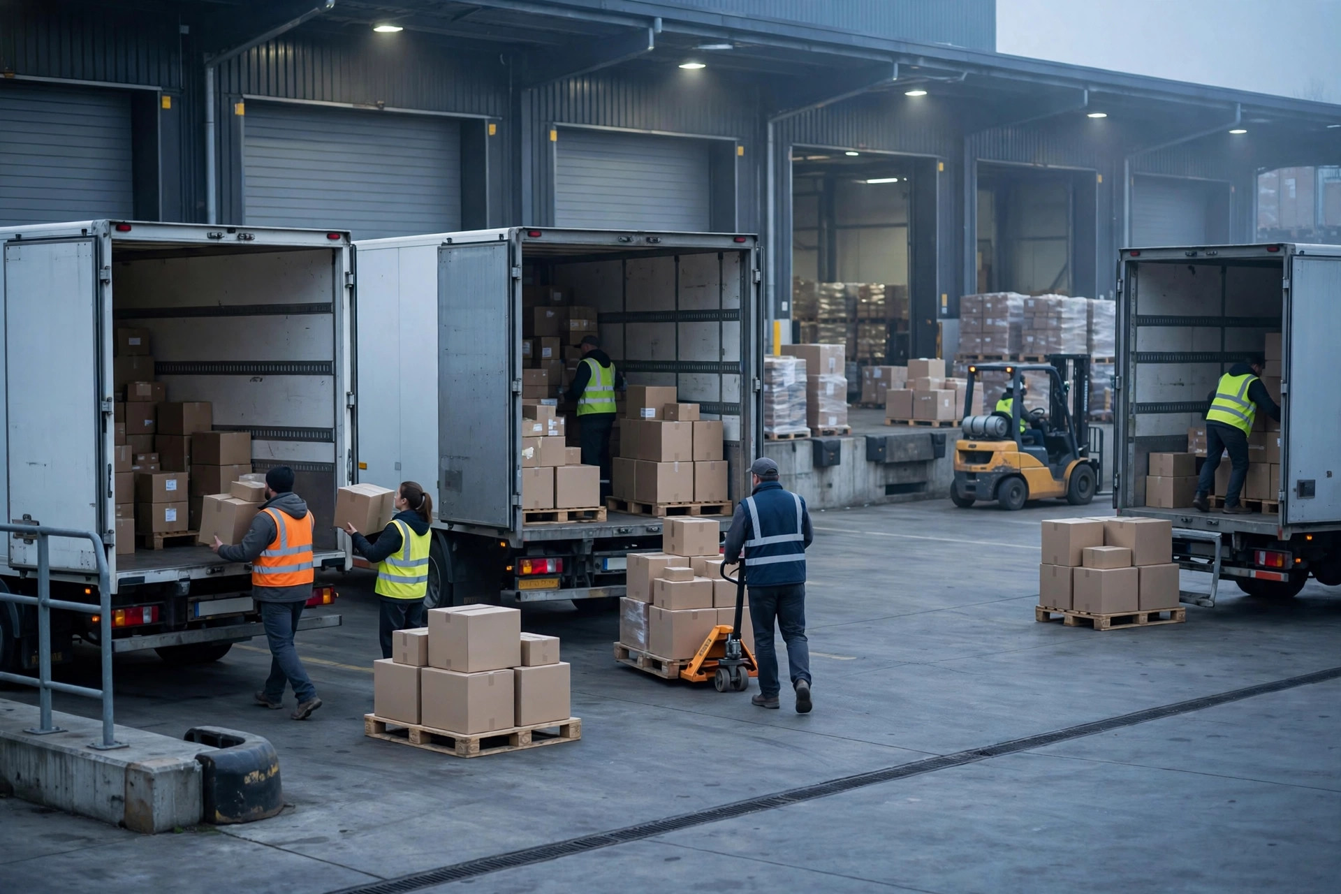 Warehouse shipping dock with trucks being loaded