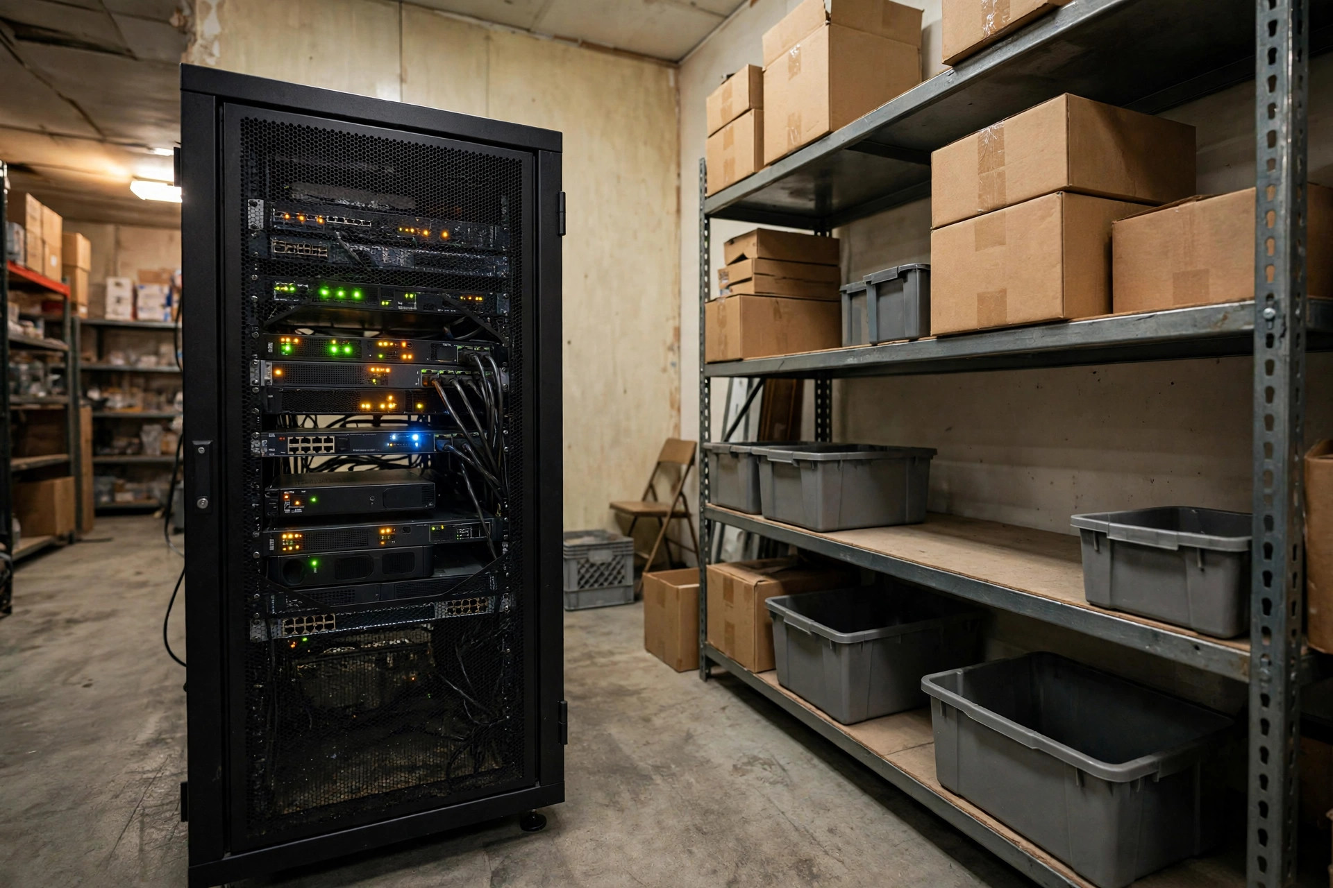 A compact server rack in a warehouse back office next to inventory shelves