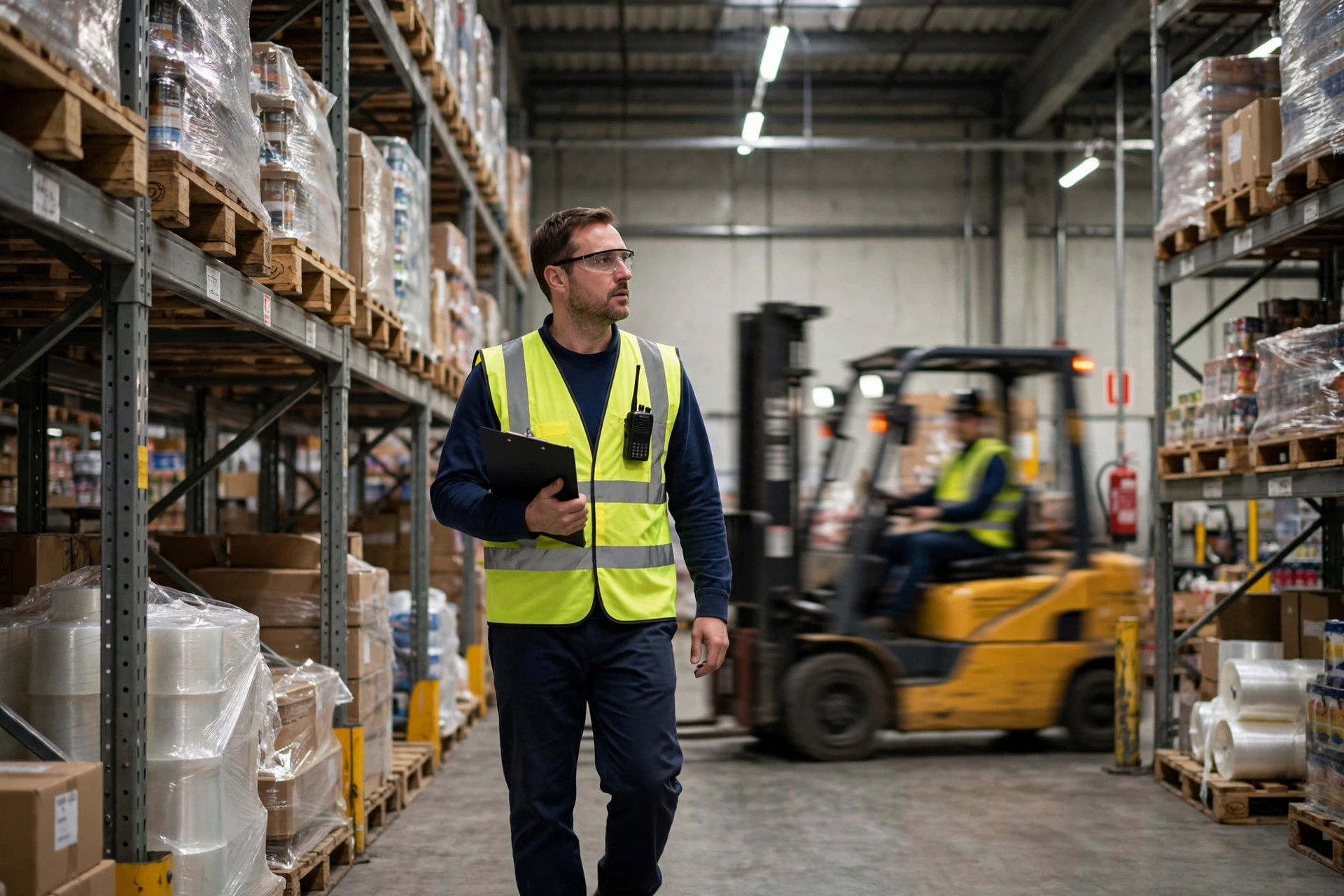 Safety manager conducting a safety walkthrough inspection on the warehouse floor