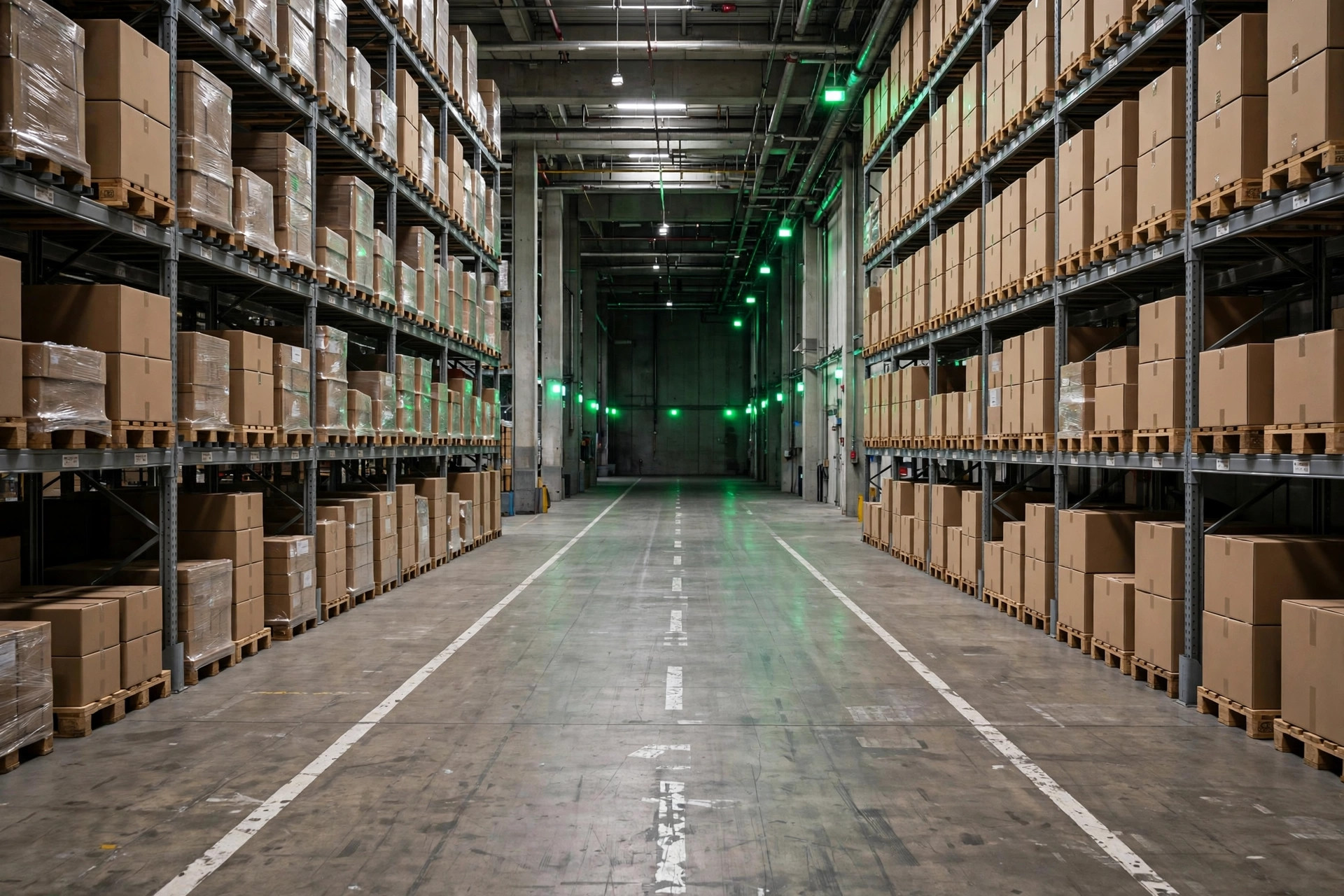 EXIT signage and directional arrows along a warehouse emergency exit route