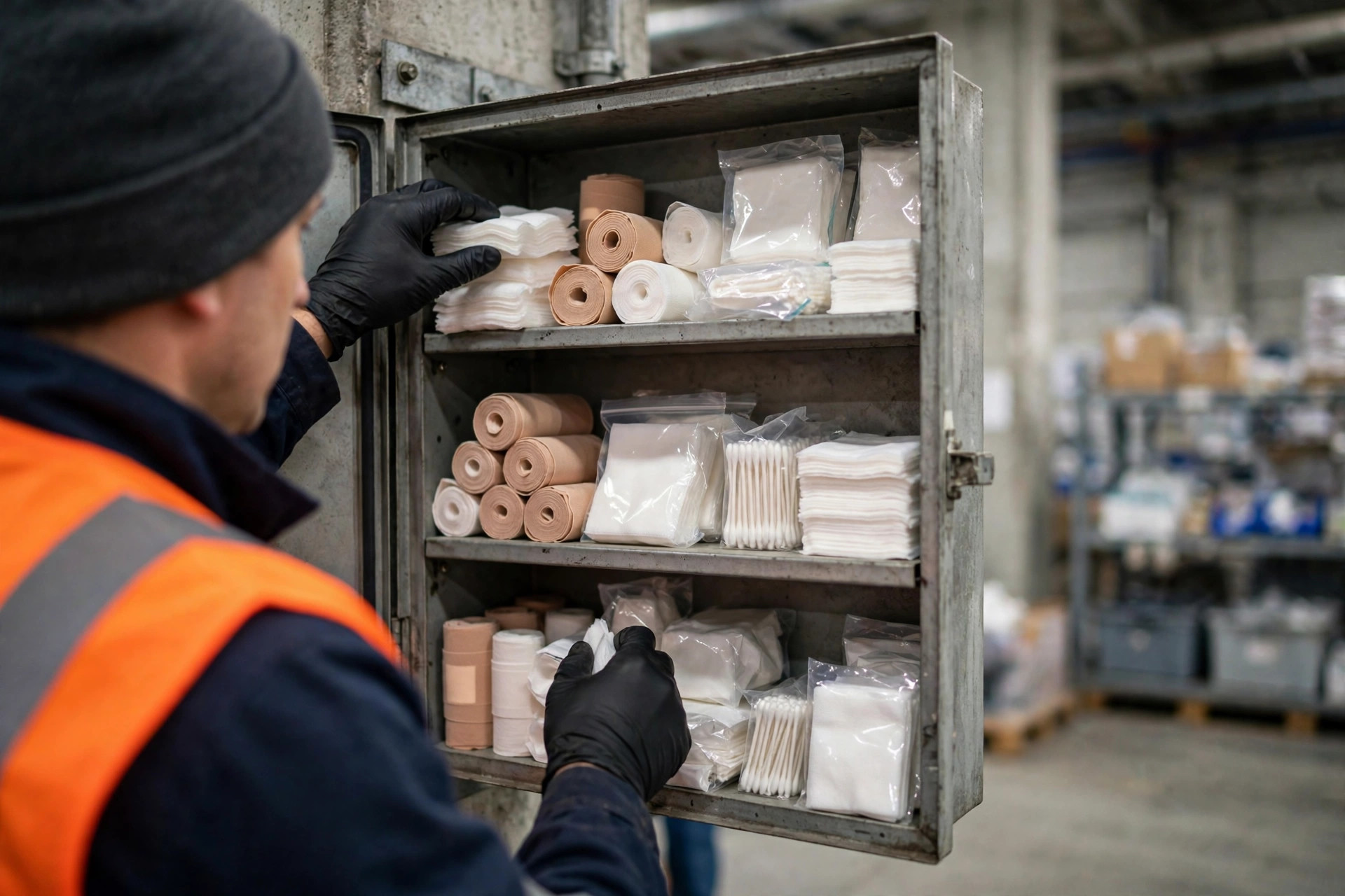 Worker restocking and organizing a wall-mounted first aid kit in a warehouse