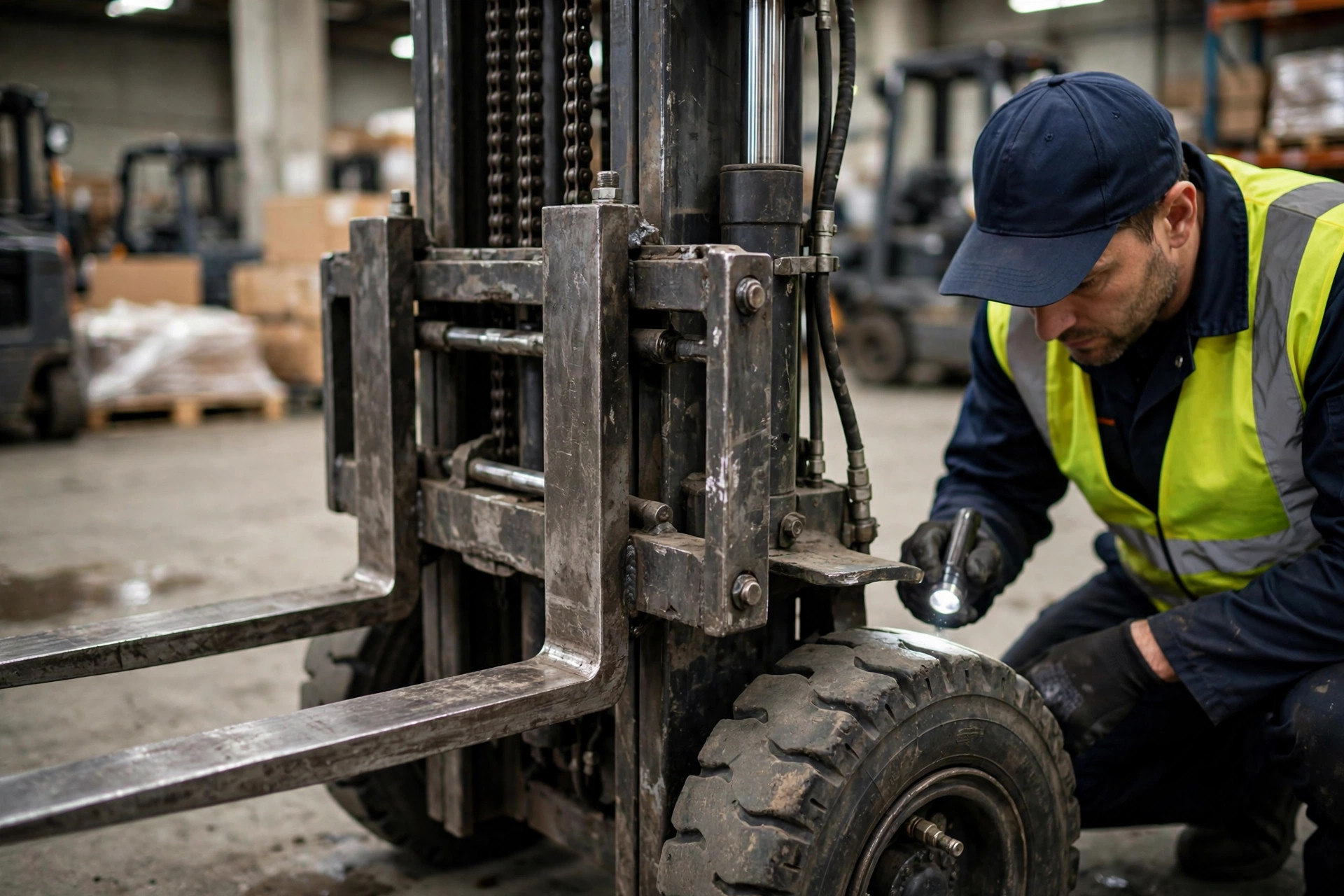 Close-up forklift mast and tire inspection