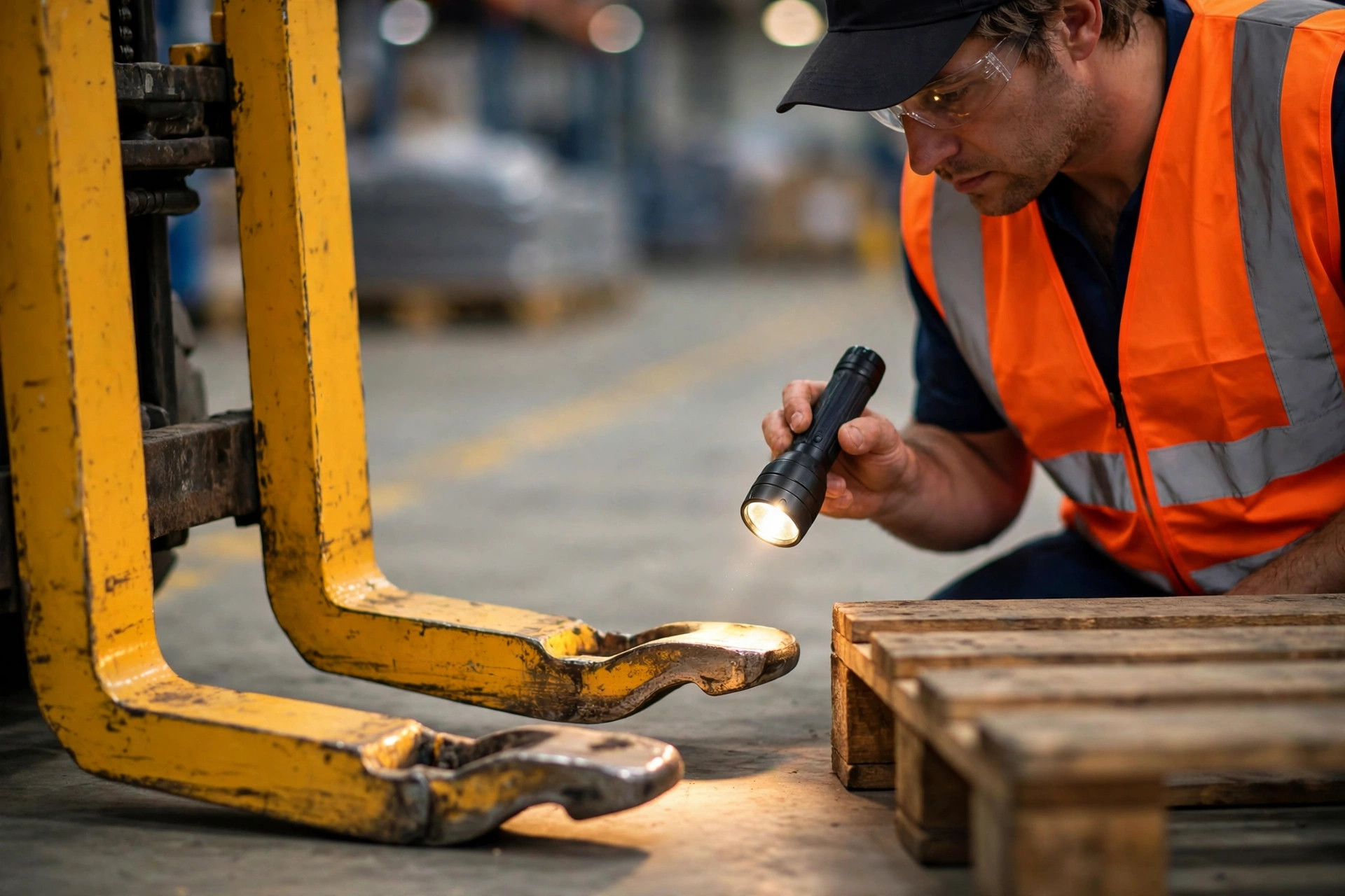 Forklift operator doing pre-operation fork inspection