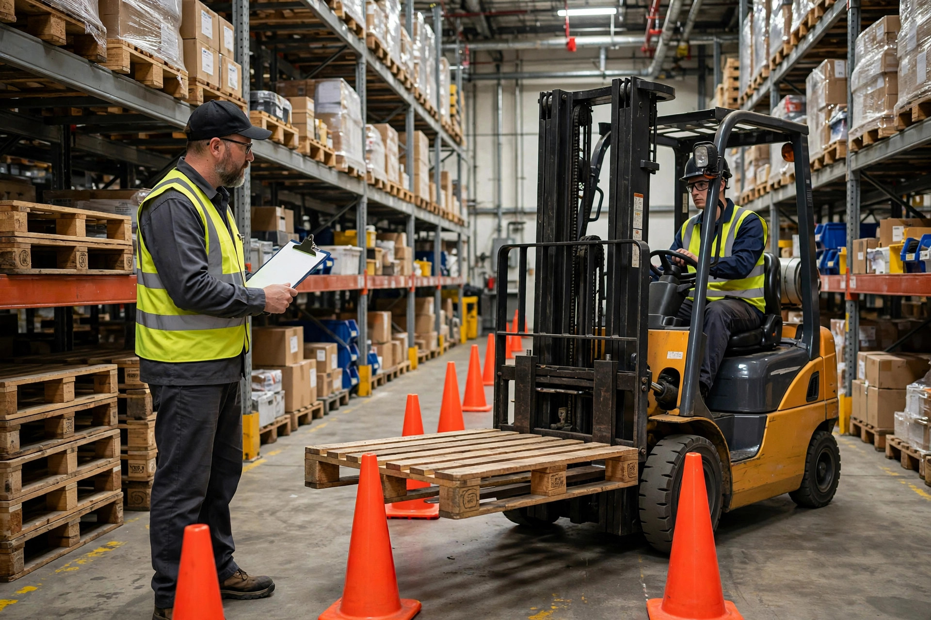 Supervisor evaluating a trainee during a hands-on forklift skills assessment