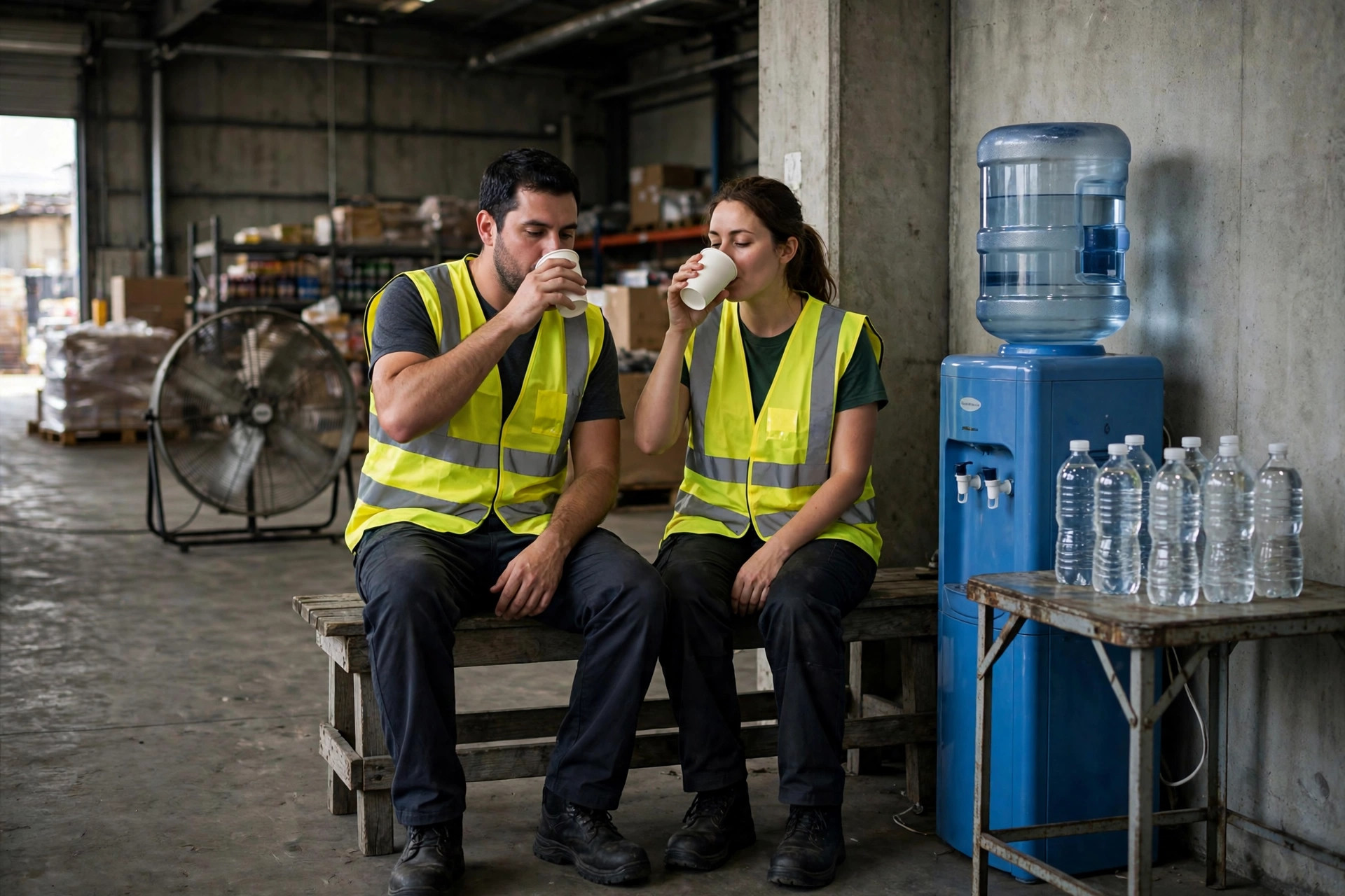Workers drinking water at a shaded warehouse hydration station