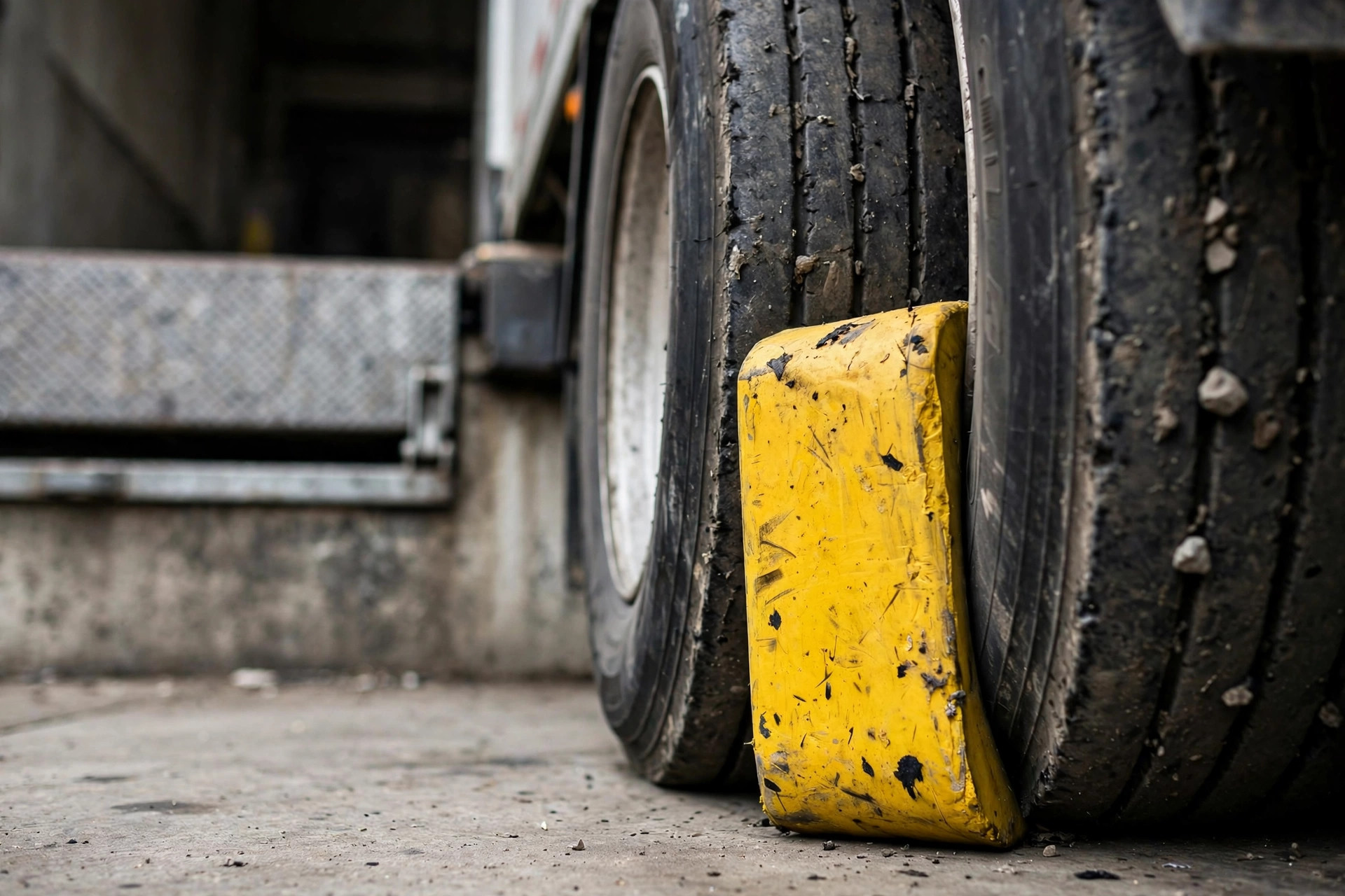 Close-up of a yellow wheel chock against a semi-trailer tire at a loading dock