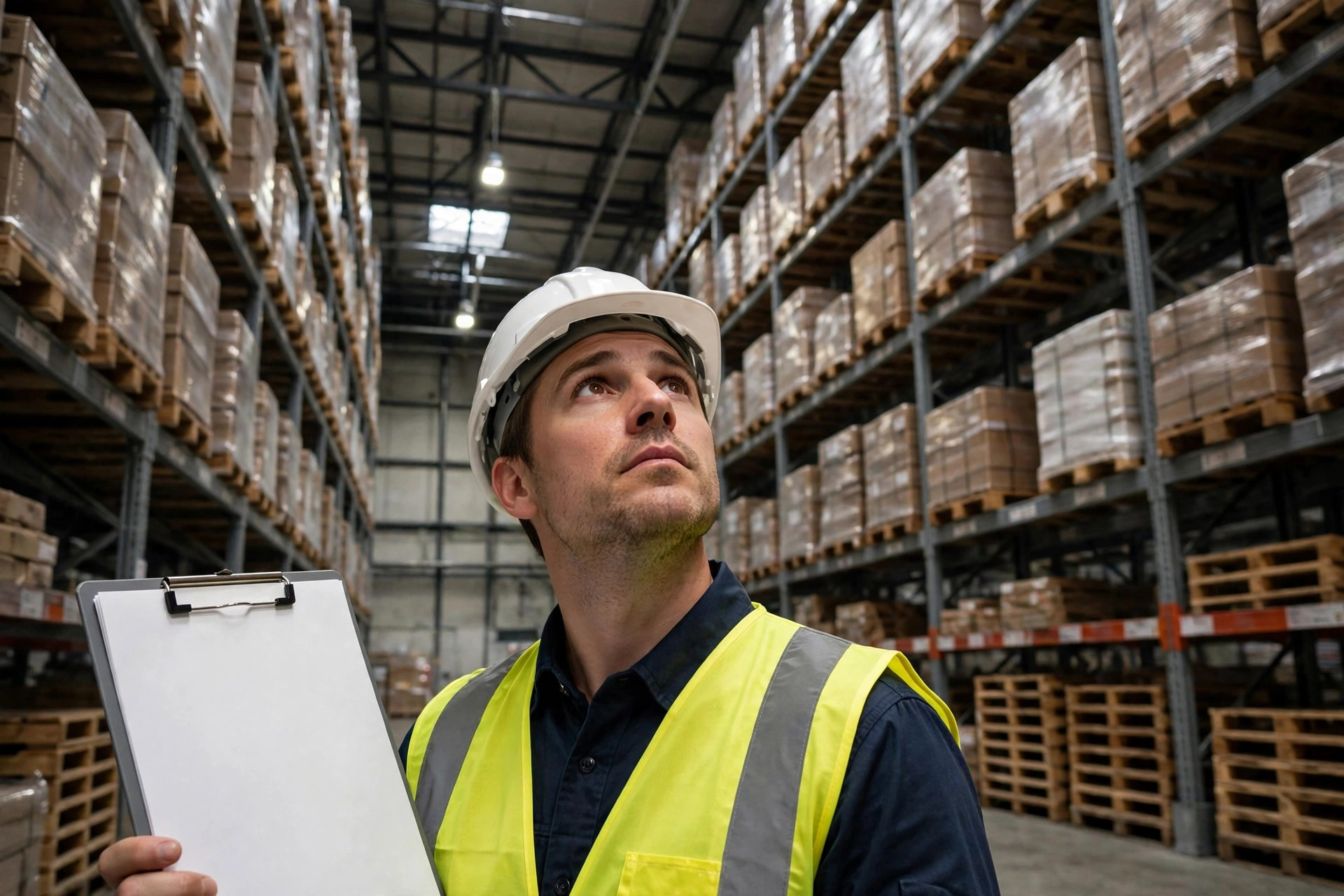 Safety inspector examining tall warehouse racking