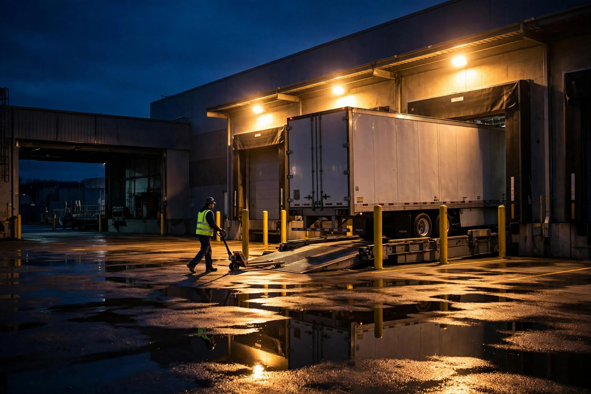 Loading dock at night under floodlights