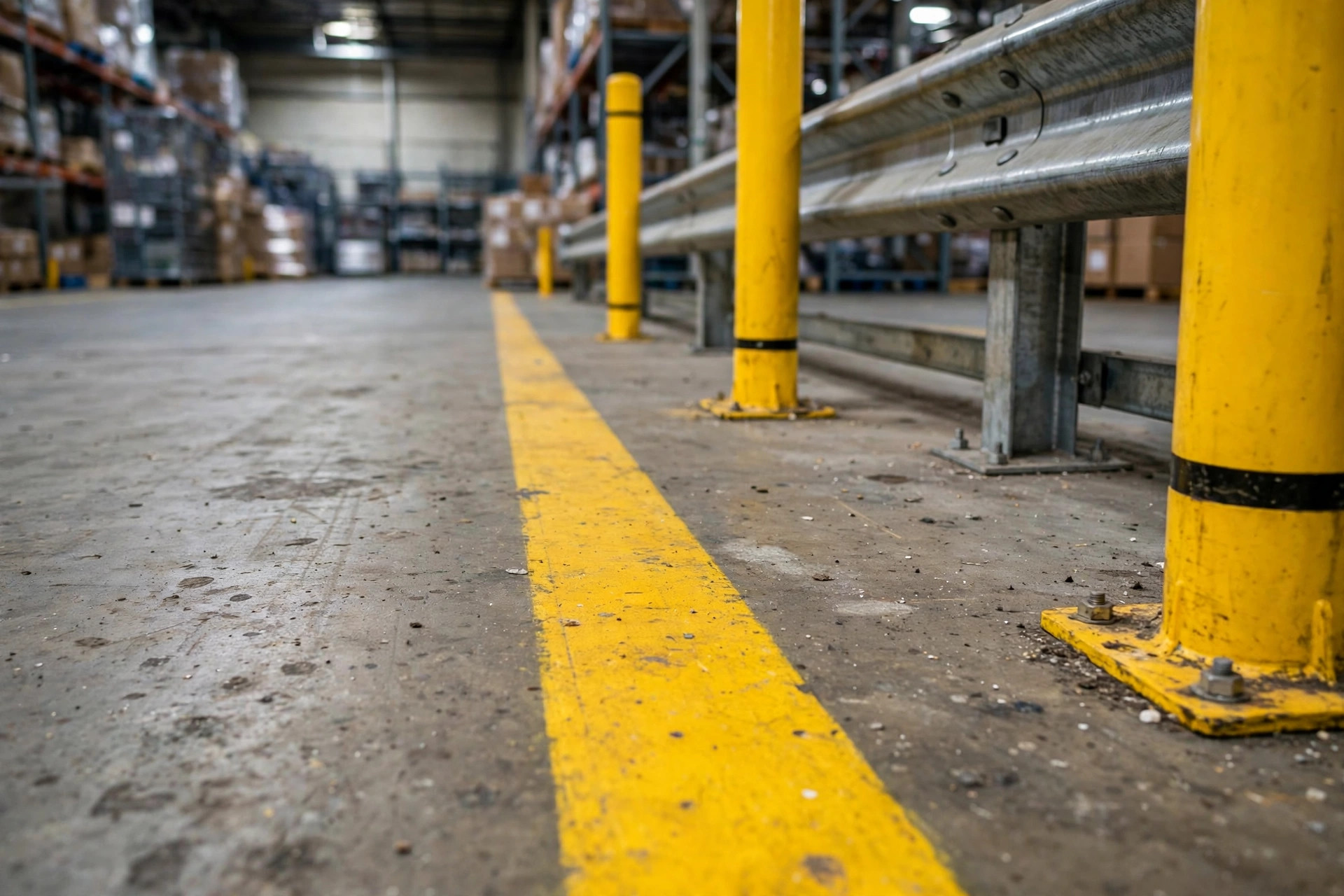 Green marked pedestrian walkway separated from the yellow forklift lane, with a worker walking inside the pedestrian lane
