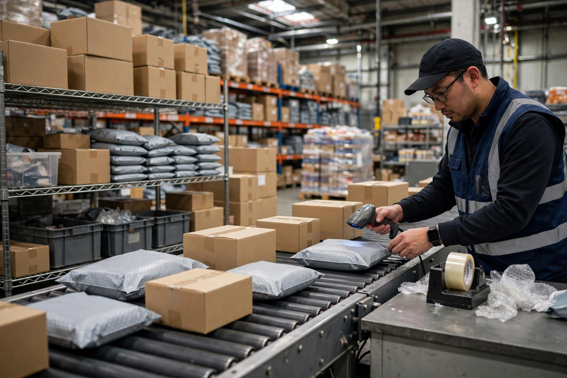 Chariot élévateur déplaçant des palettes complètes dans un entrepôt à l'étranger, racks remplis de stock de e-commerce transfrontalier