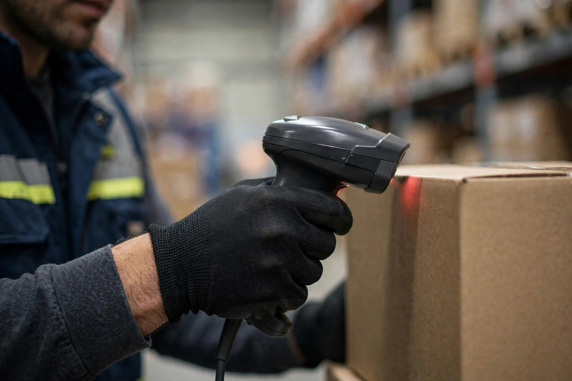 Warehouse worker scanning a product batch label