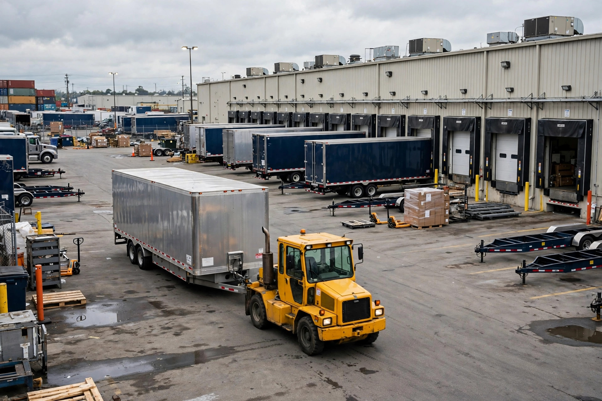 Trailers backed into loading dock doors at a busy warehouse yard