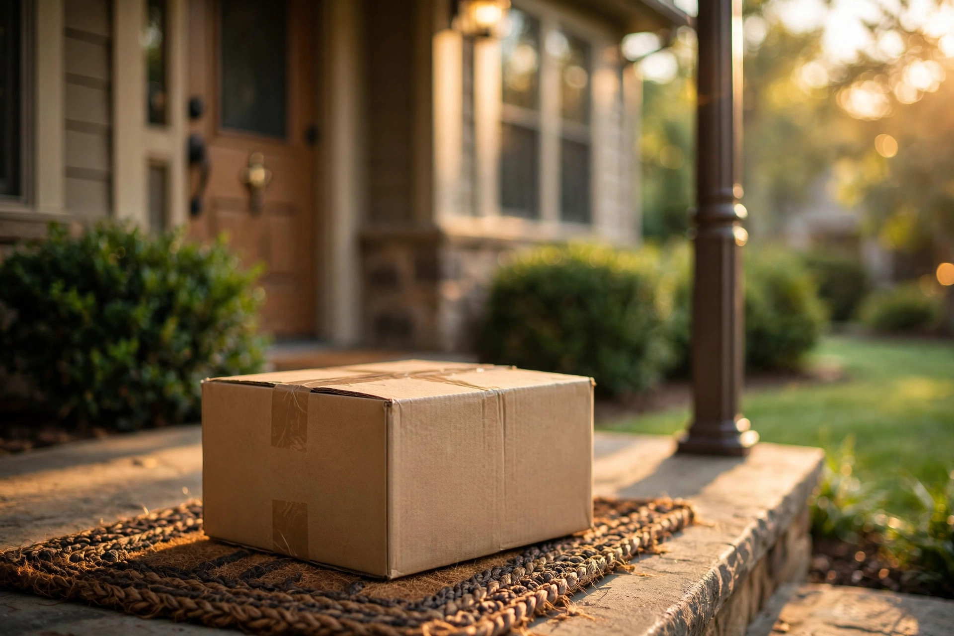 A delivered parcel sitting on the doorstep of an American suburban home at golden hour