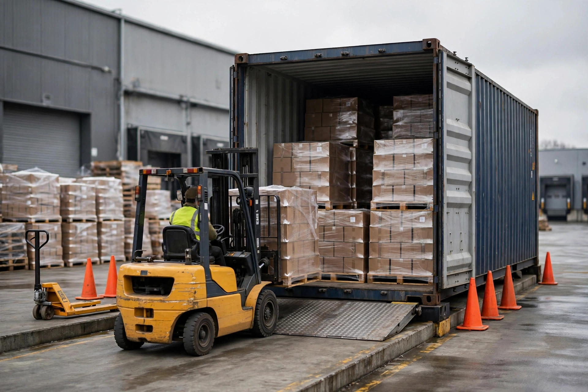 Forklift loading palletized goods into a shipping container during an overseas warehouse transfer