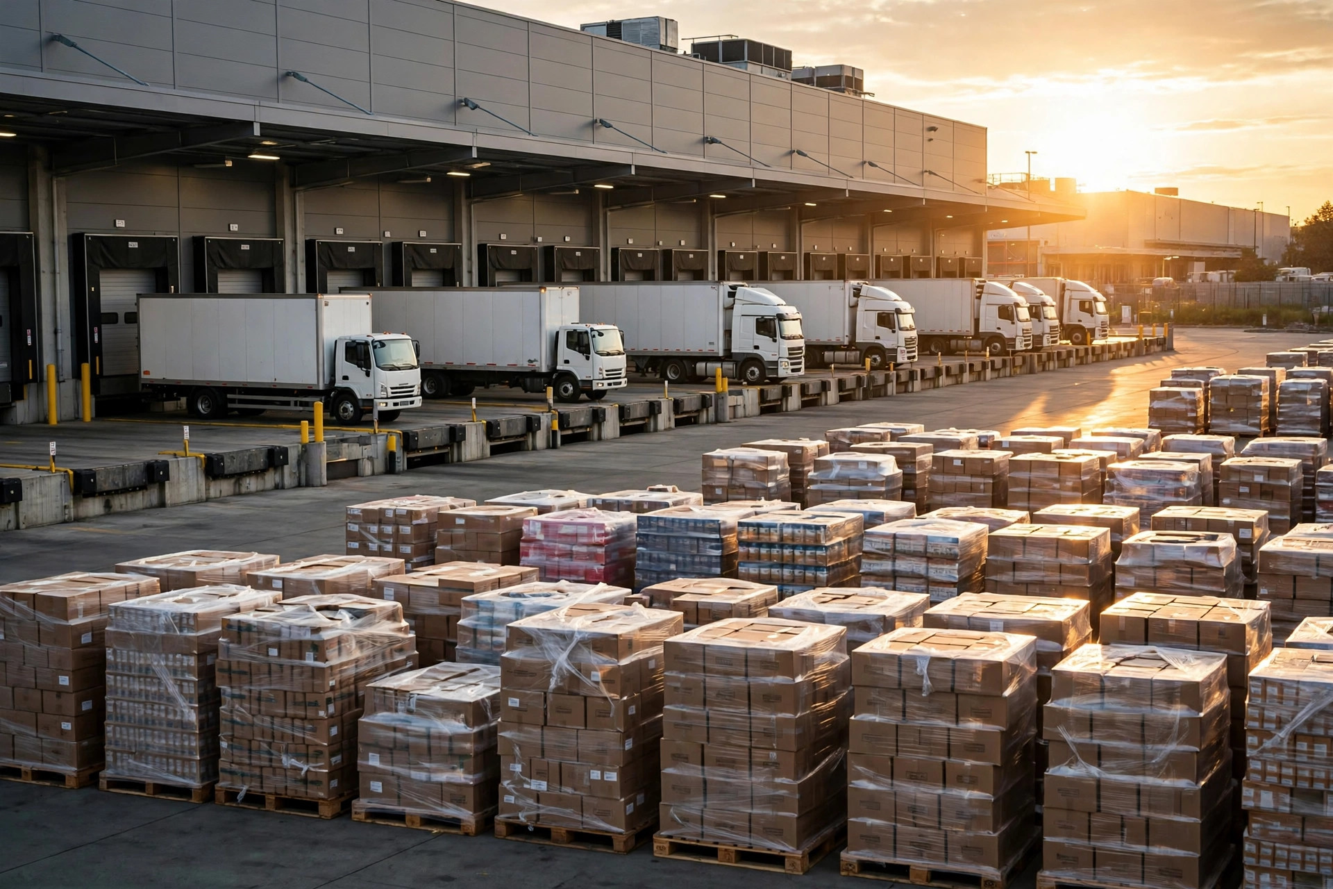 Camiones haciendo cola en un muelle de recepción mientras pallets completamente cargados esperan en el área de preparación durante la temporada pico