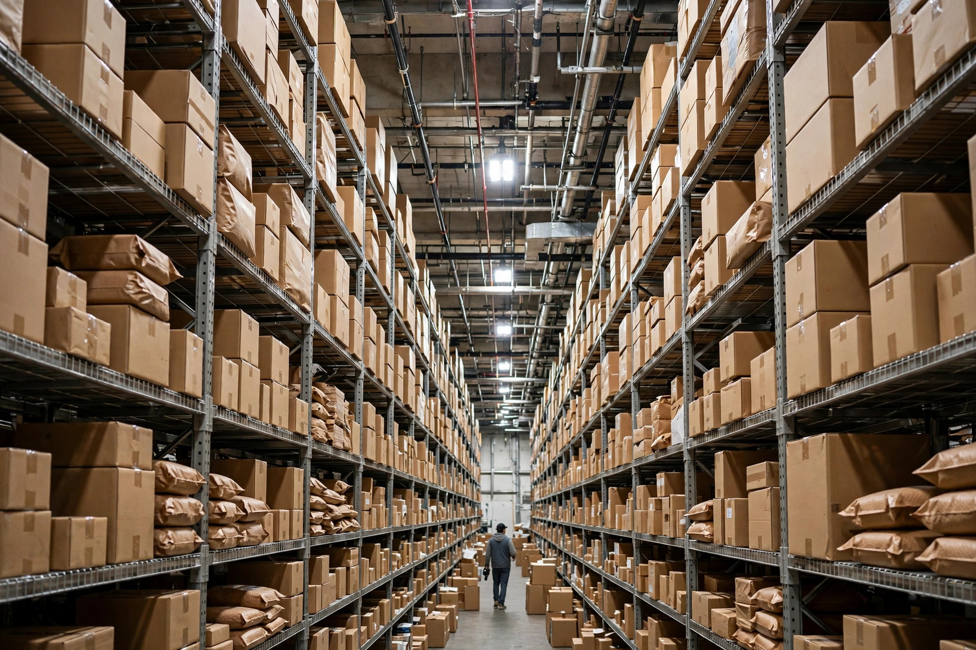 Mercancía de comercio electrónico transfronterizo almacenada en estanterías de almacén