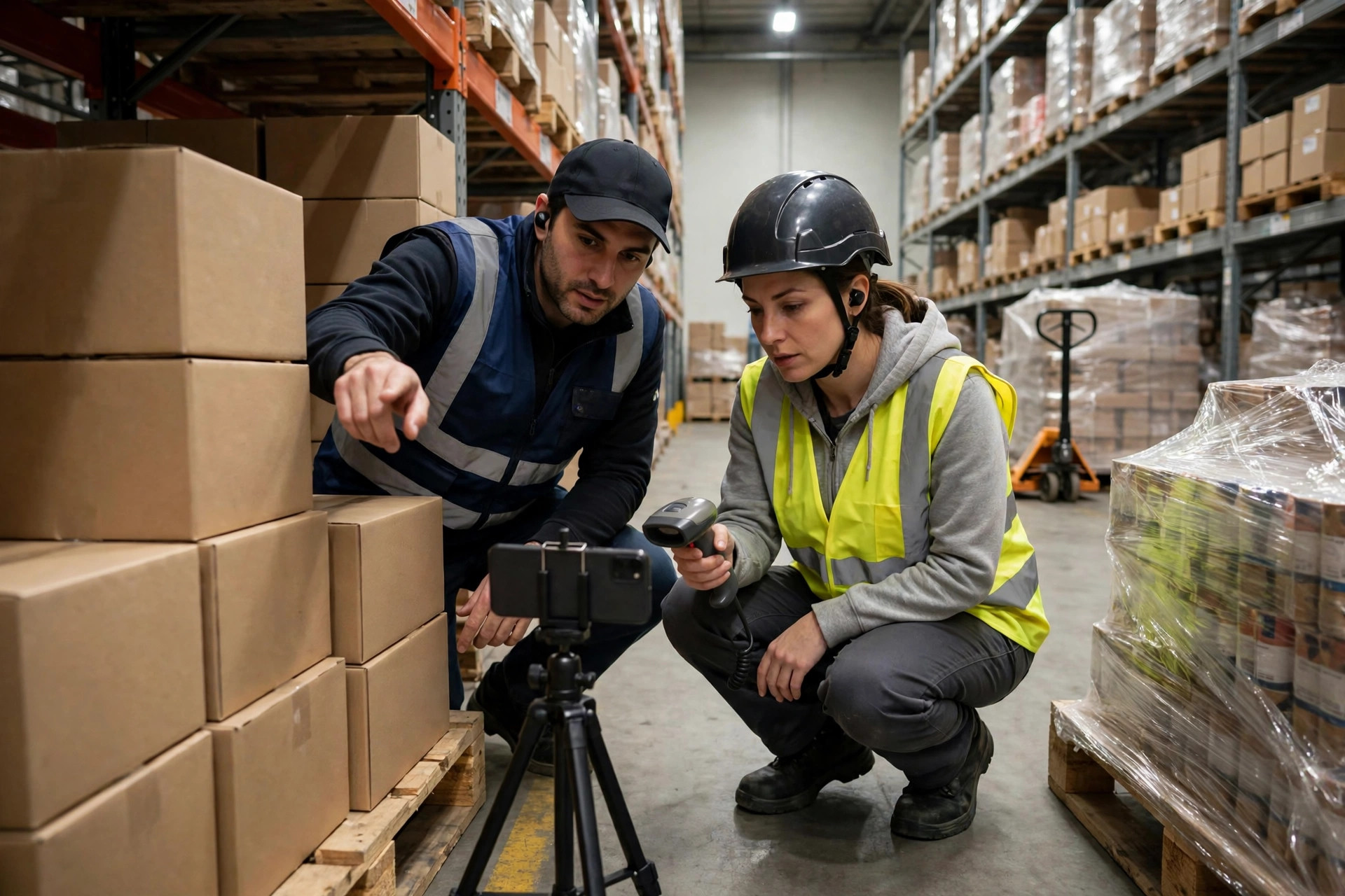 Des employés d'entrepôt réalisant un audit de stock à distance en vidéo en direct devant les rayonnages