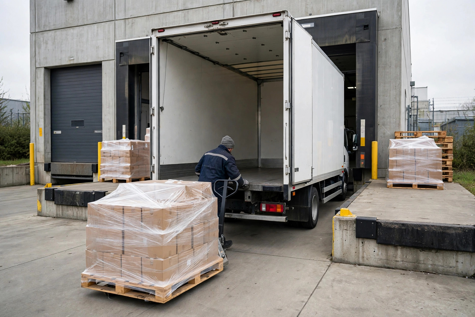 Workers labeling cartons and stacking pallets in an overseas warehouse