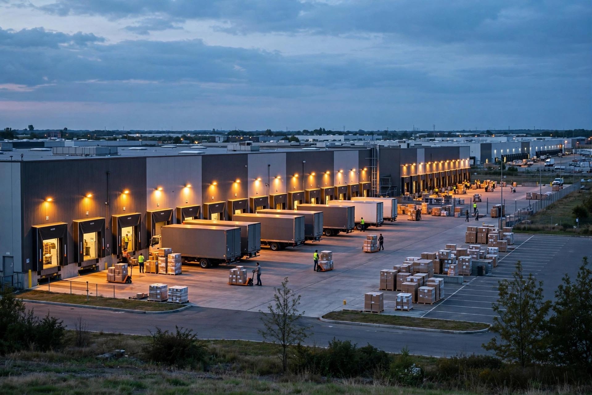 Delivery trucks at a warehouse loading dock at dusk