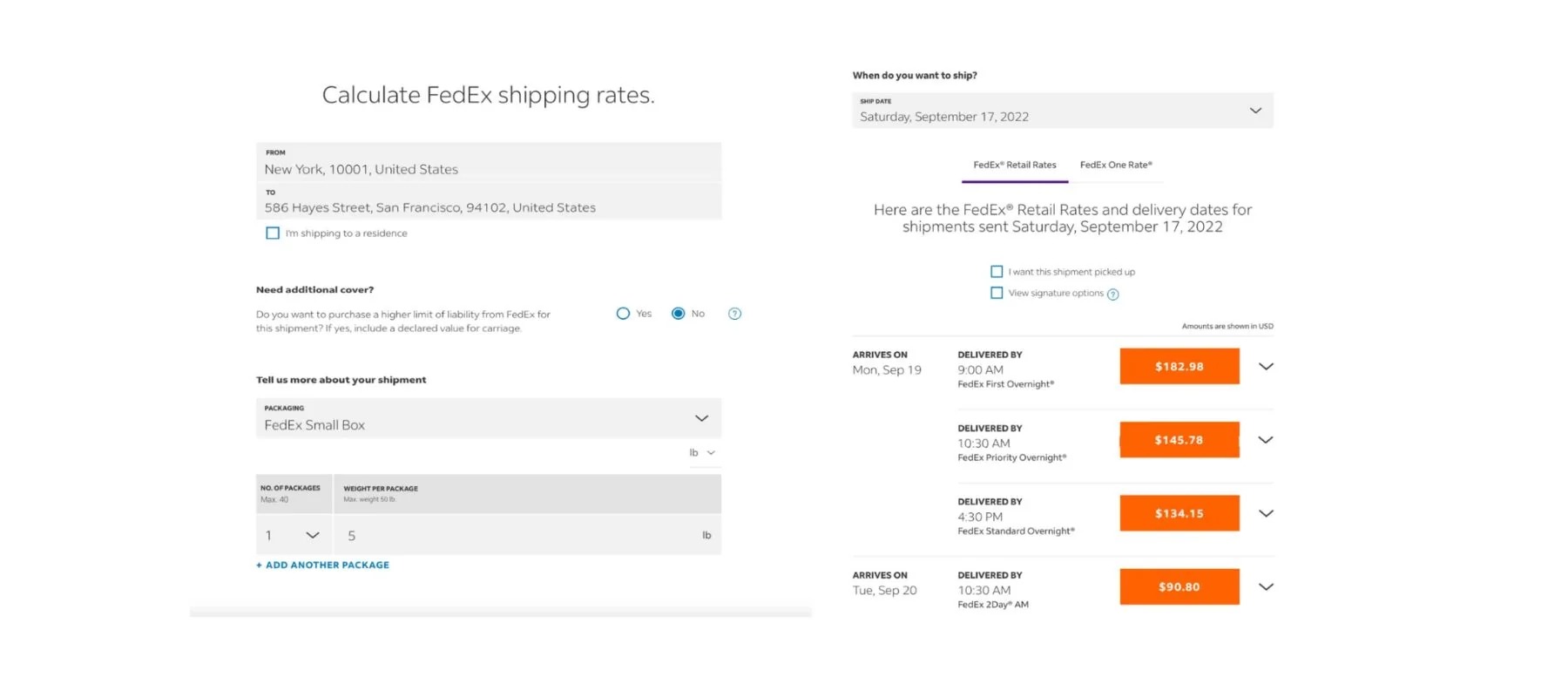 Página de la calculadora de tarifas de FedEx