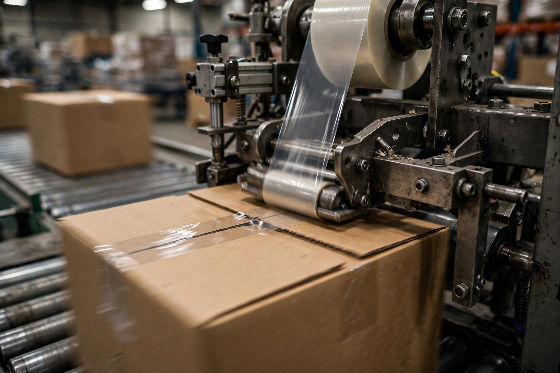 Enrubanneuse automatique scellant des cartons sur une ligne d'emballage