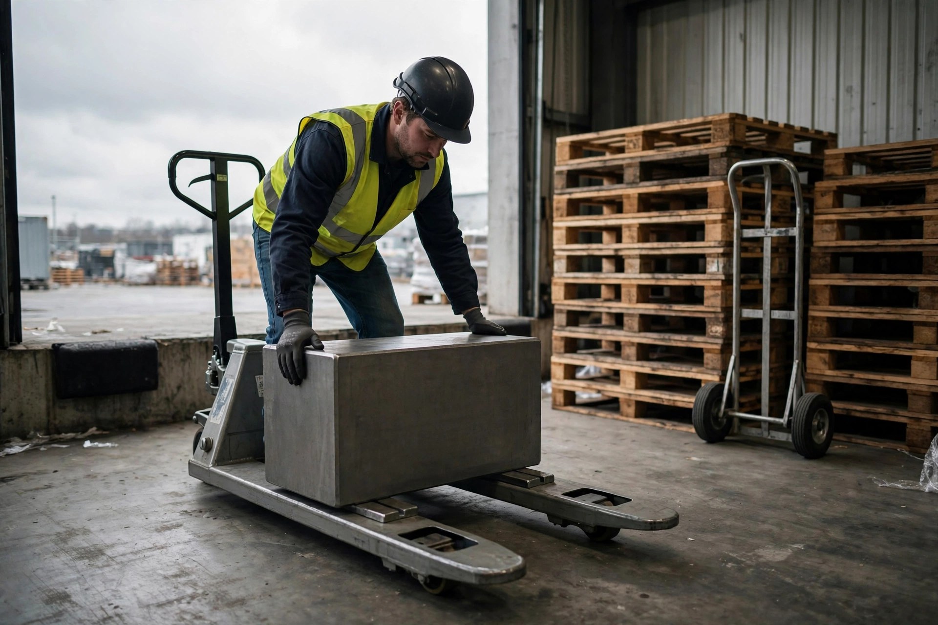 Worker placing a calibration weight block on pallet jack scale forks at a dock