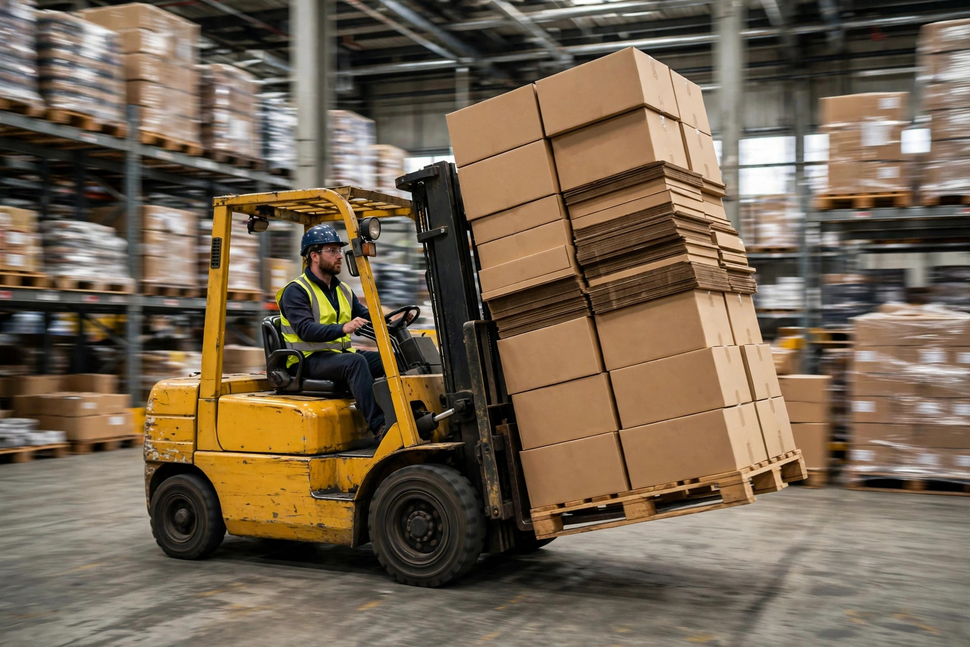Forklift carrying a tall stacked pallet, pallet slightly tilted