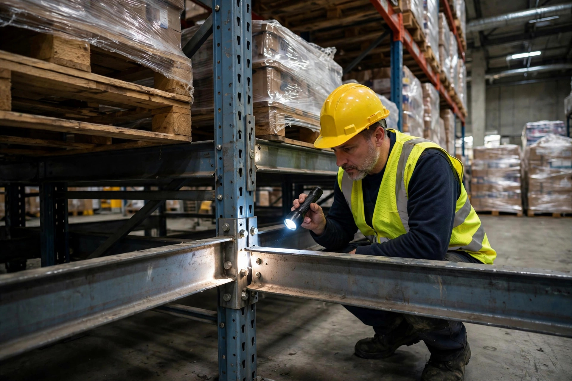 A worker inspecting a pallet rack beam for deflection and loose connectors