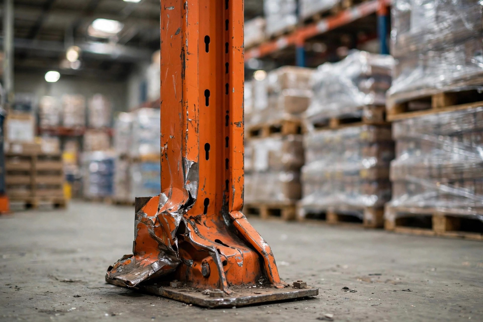 A technician installing a bolt-on repair kit on a bent pallet rack upright