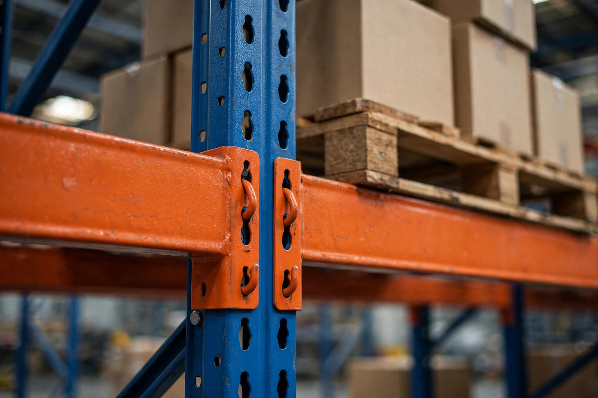 Close-up of pallet rack beam-to-column connection