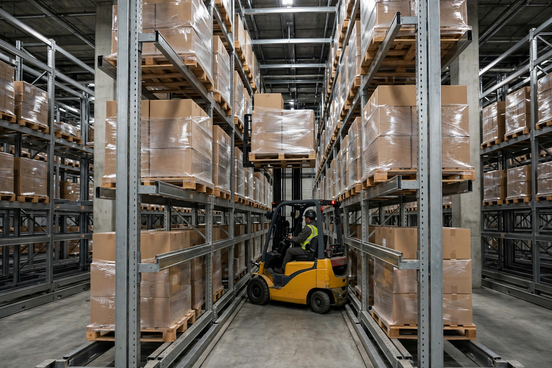 Forklift placing a pallet inside a drive-in racking lane