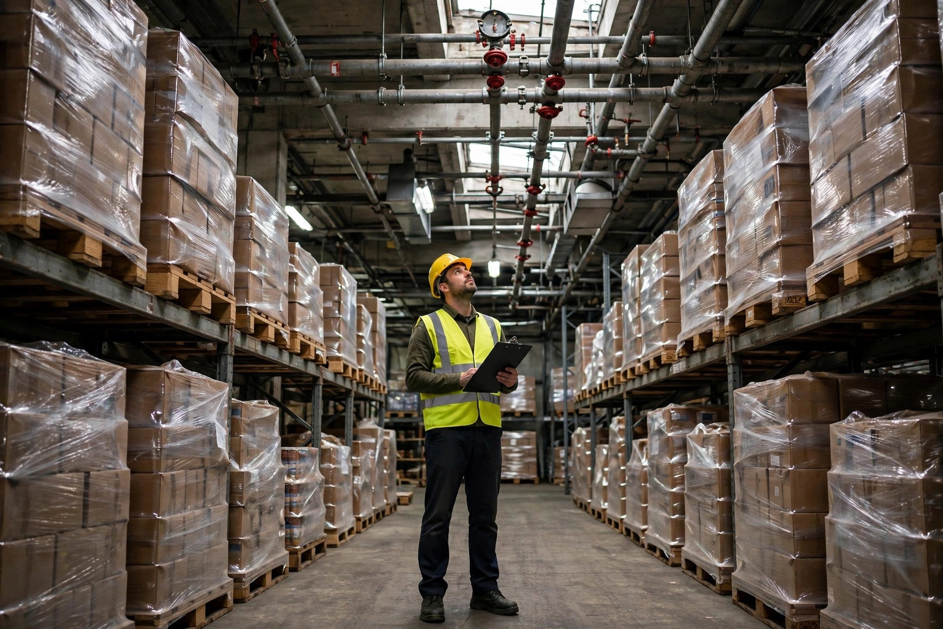 Fire inspector looking up at warehouse sprinkler system