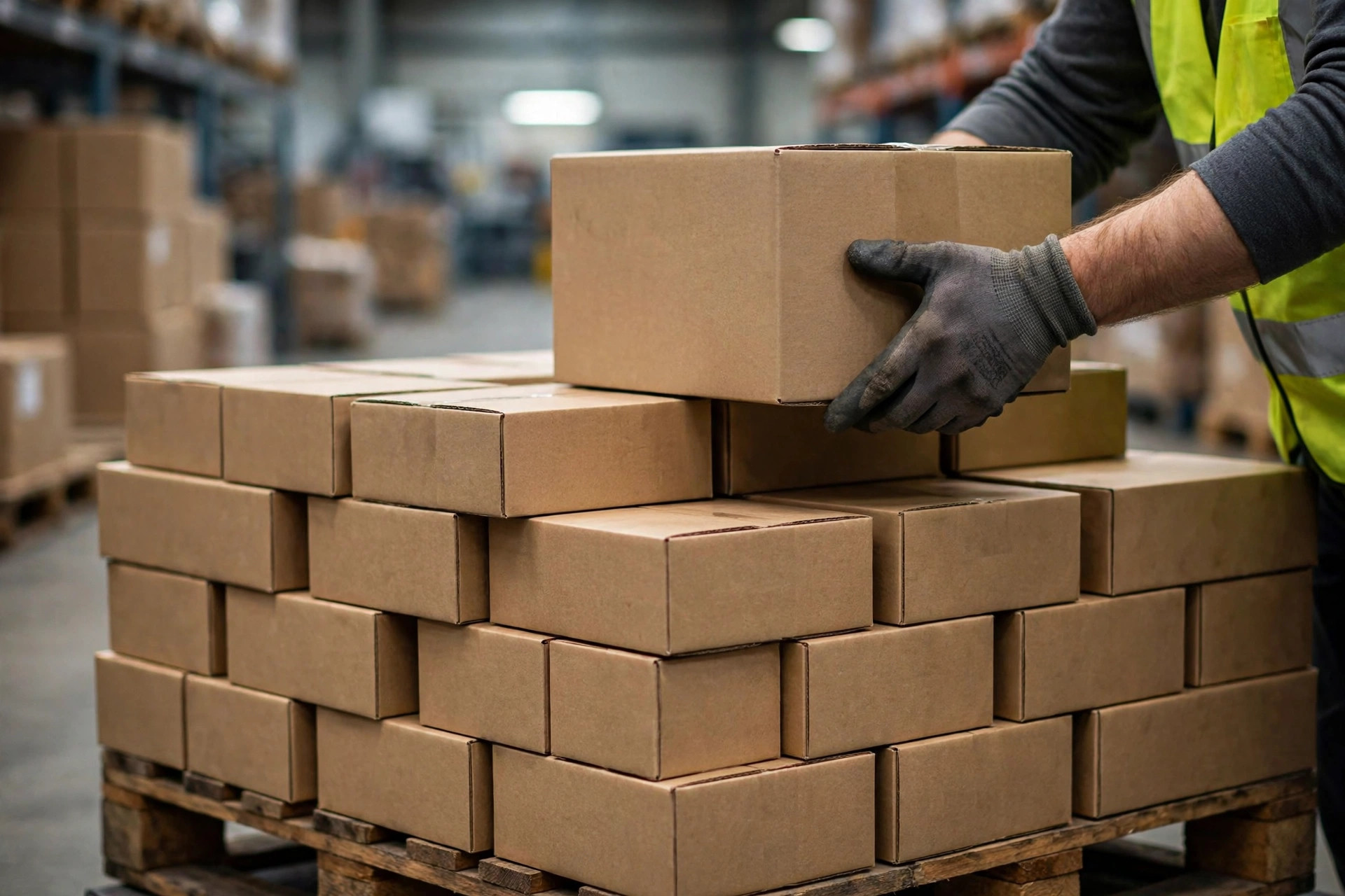 Trabajador apilando cajas en patrón de ladrillo entrelazado sobre un palet