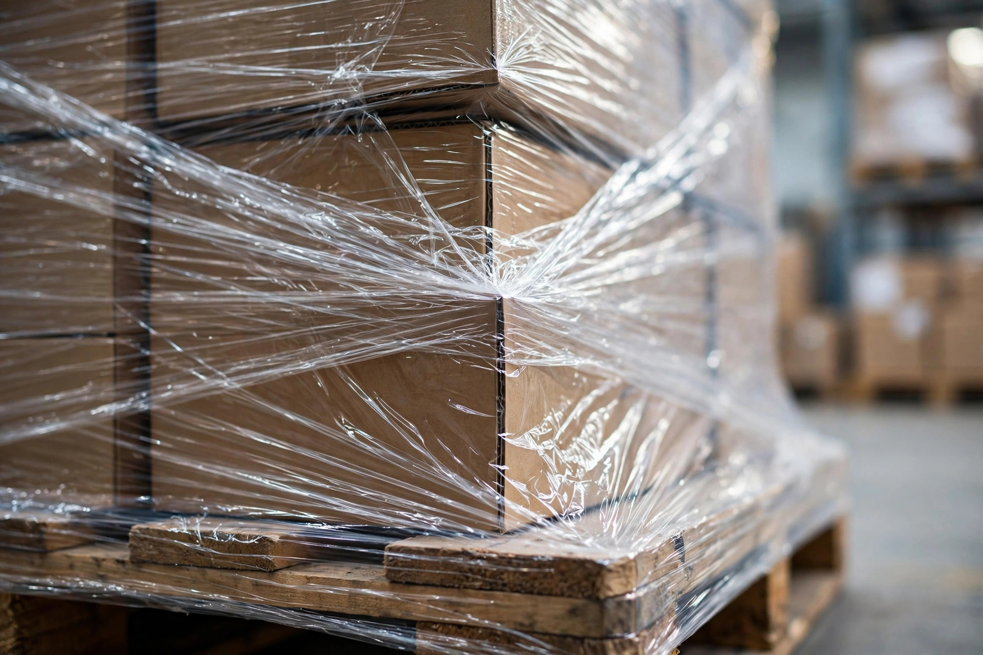 Close-up of stretch film wrapping a pallet load