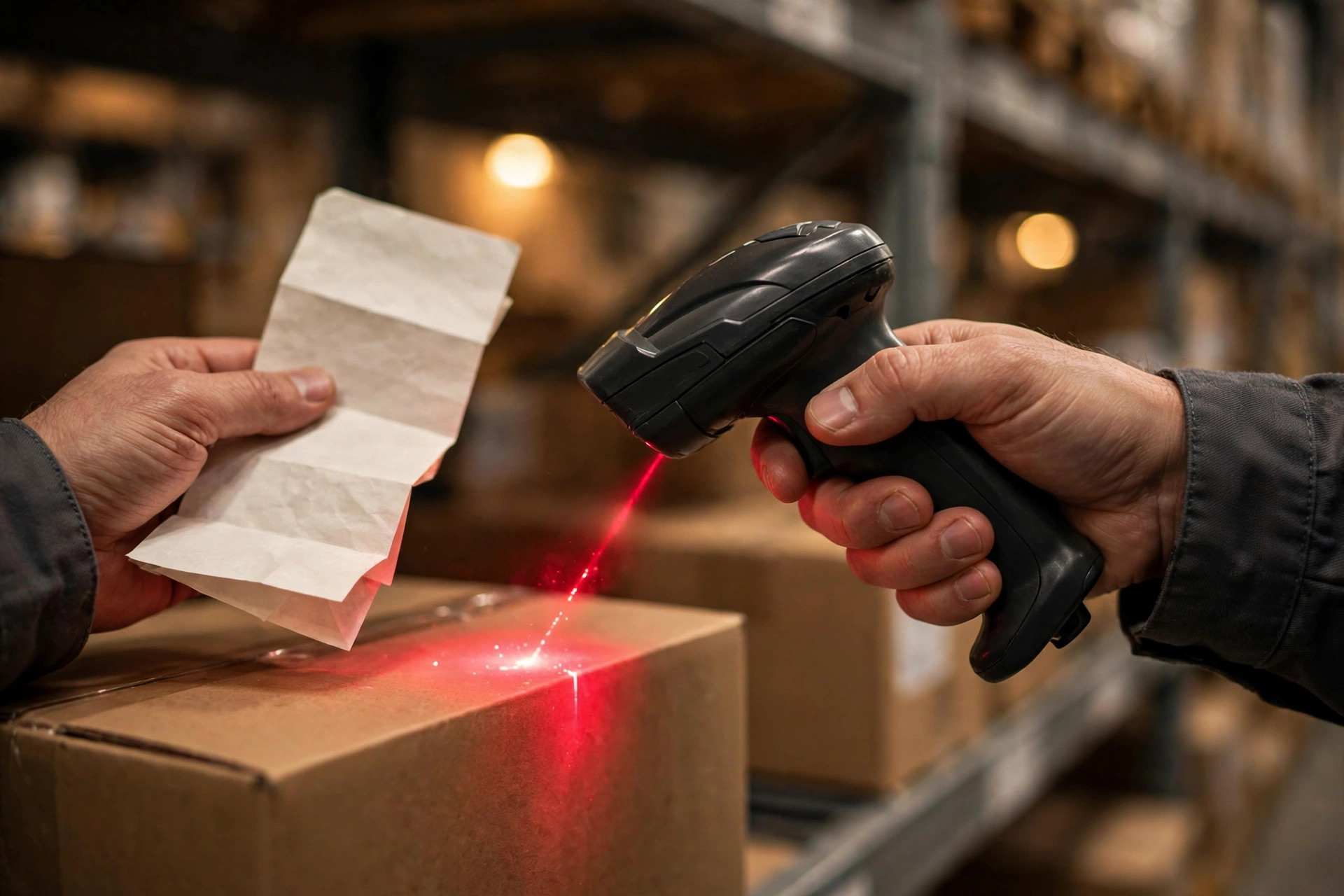 Un operario sosteniendo una lista de picking en papel y escaneando el código de barras de un producto con un lector portátil