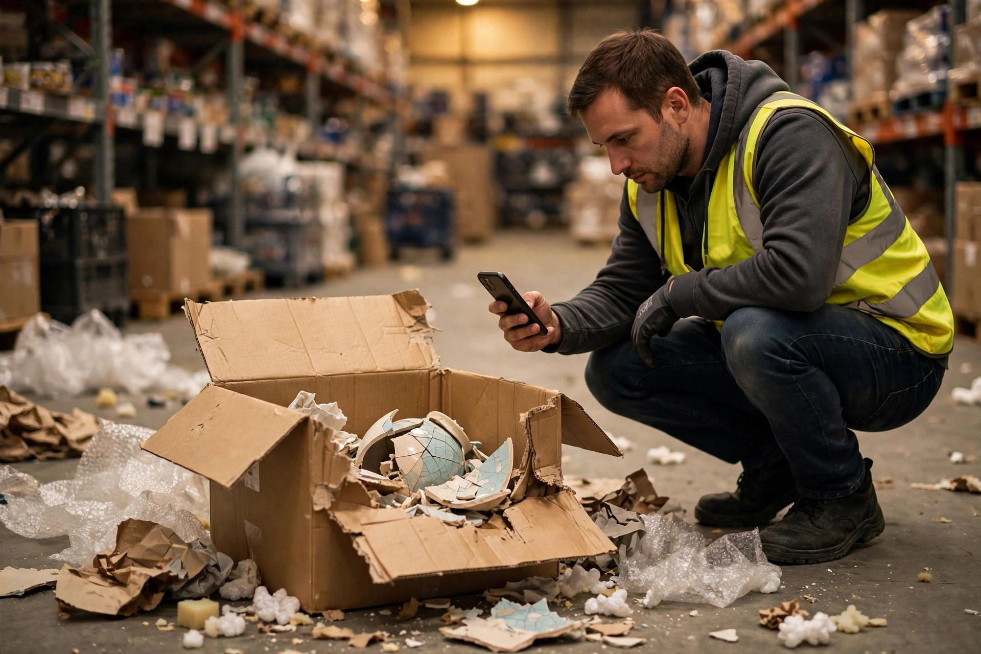 Warehouse worker photographing a damaged parcel for claim evidence