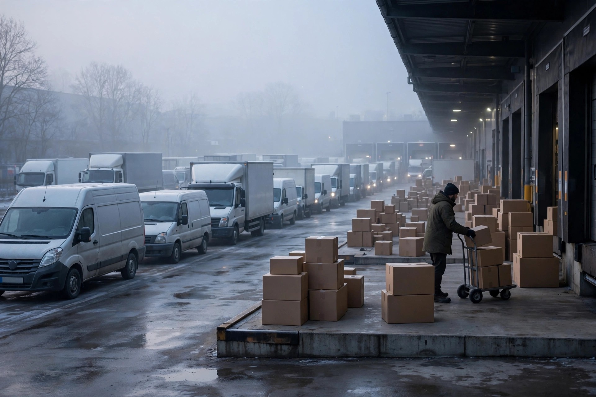 Delivery vehicles queued at a warehouse dock during peak season