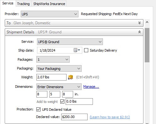 Écran d'étiquette ShipStation avec l'assurance de valeur déclarée UPS sélectionnée
