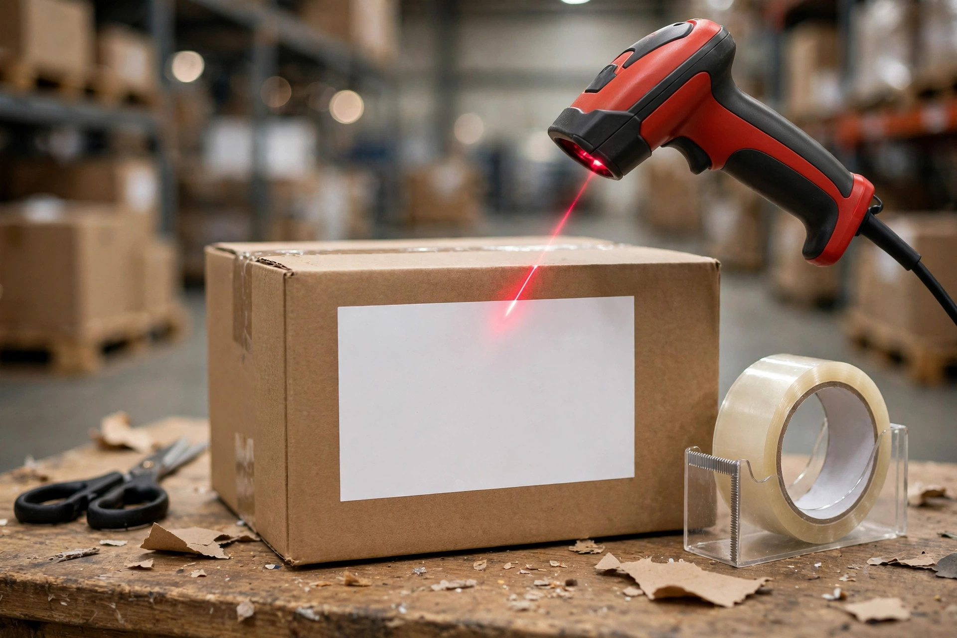 Close-up of a parcel shipping label being scanned