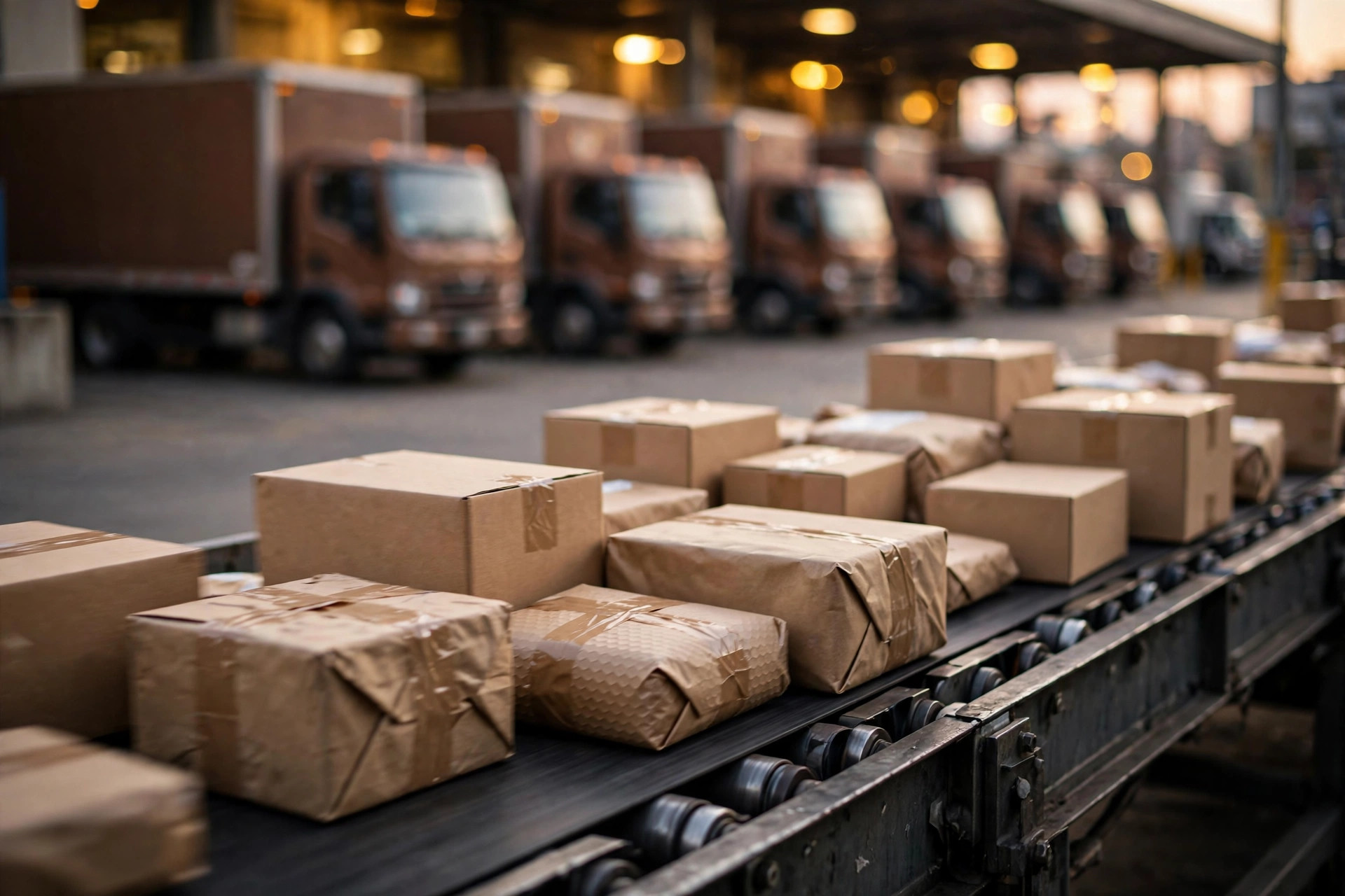 Parcels flowing on conveyors toward waiting delivery trucks at a parcel sorting hub