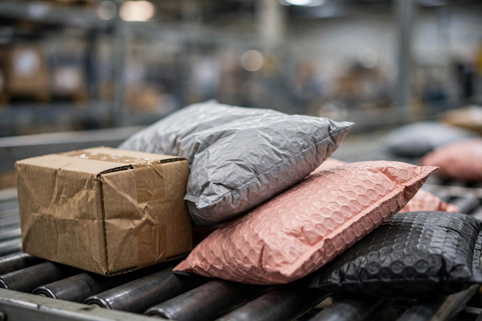 Close-up of parcels on a conveyor belt