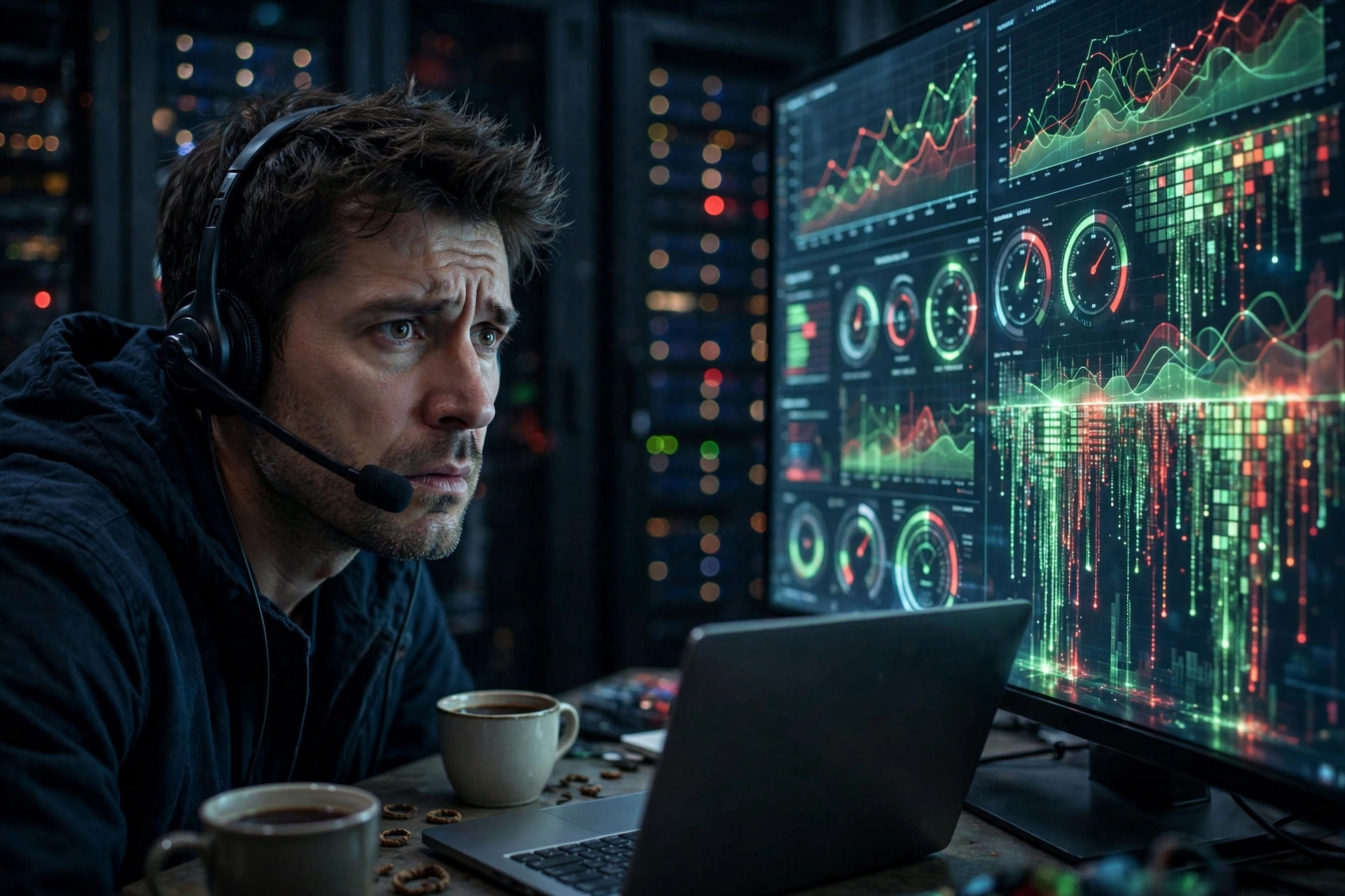 Engineer on night shift watching real-time monitoring dashboards