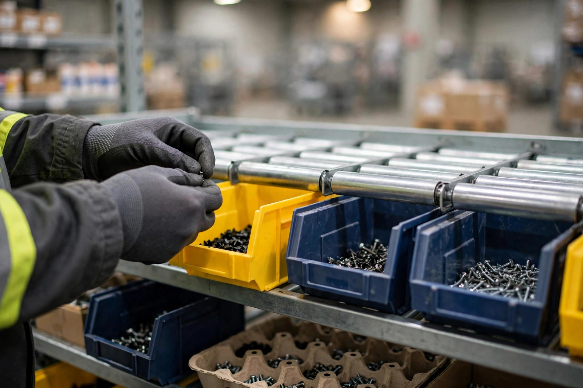 A picker pulling items from waist-height flow rack in the ergonomic golden zone