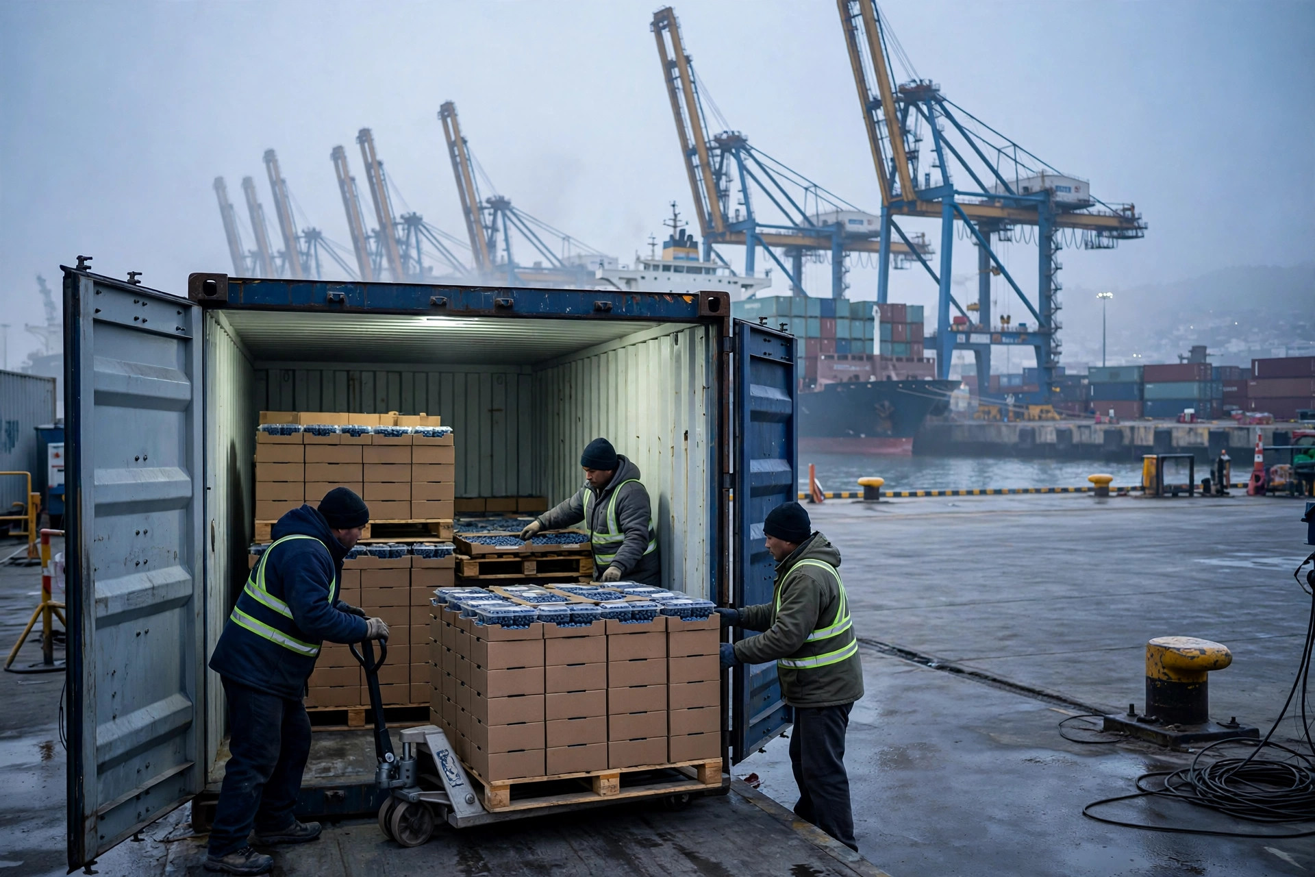 Reefer container being loaded with palletized blueberries at the Port of Callao