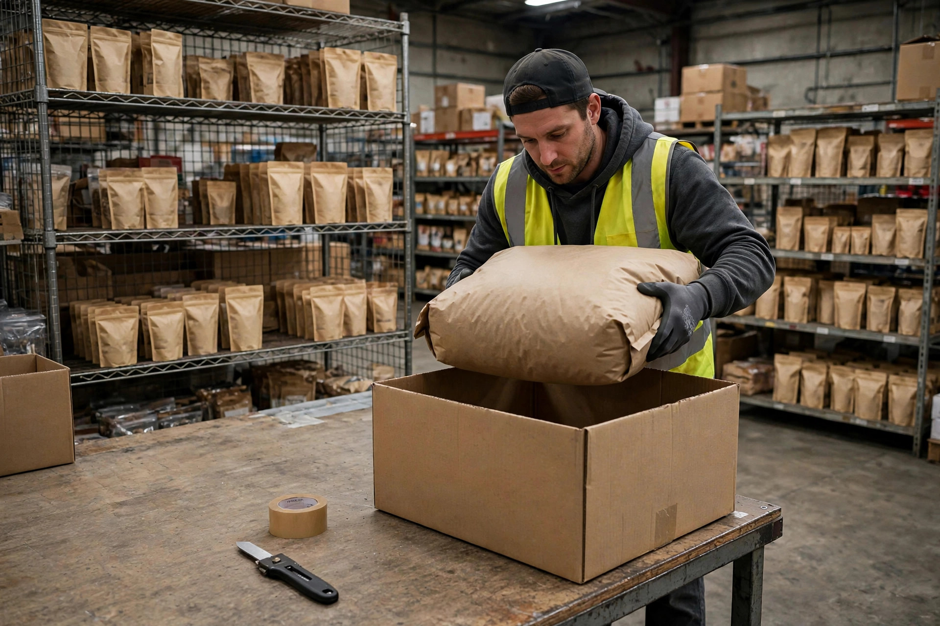 Pet food warehouse packing station: a worker places a large bag of pet food into a reinforced corrugated box, shelves of small pet food packs behind