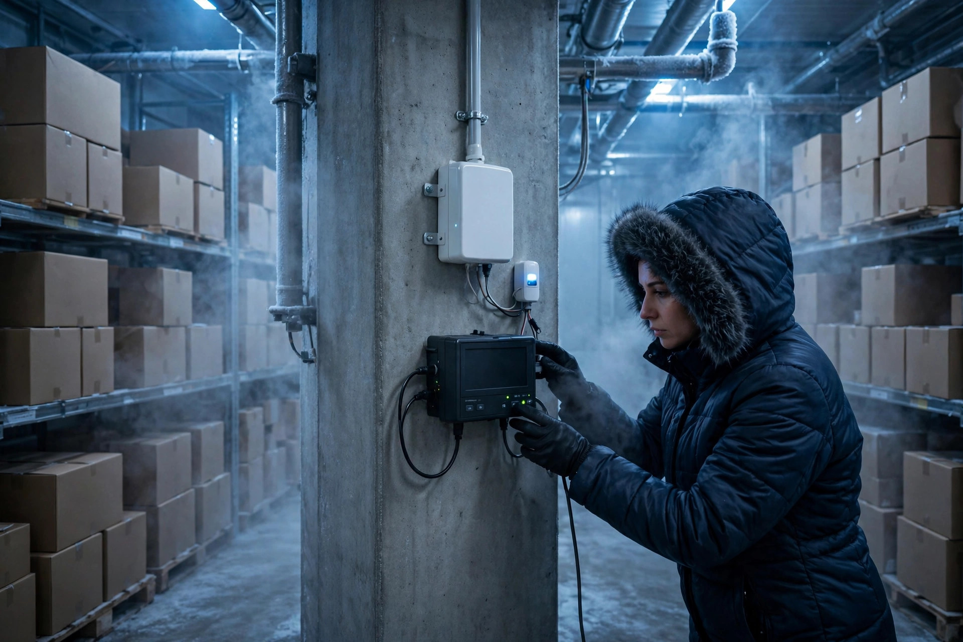 Warehouse worker checking temperature and humidity monitoring equipment in a cold storage room