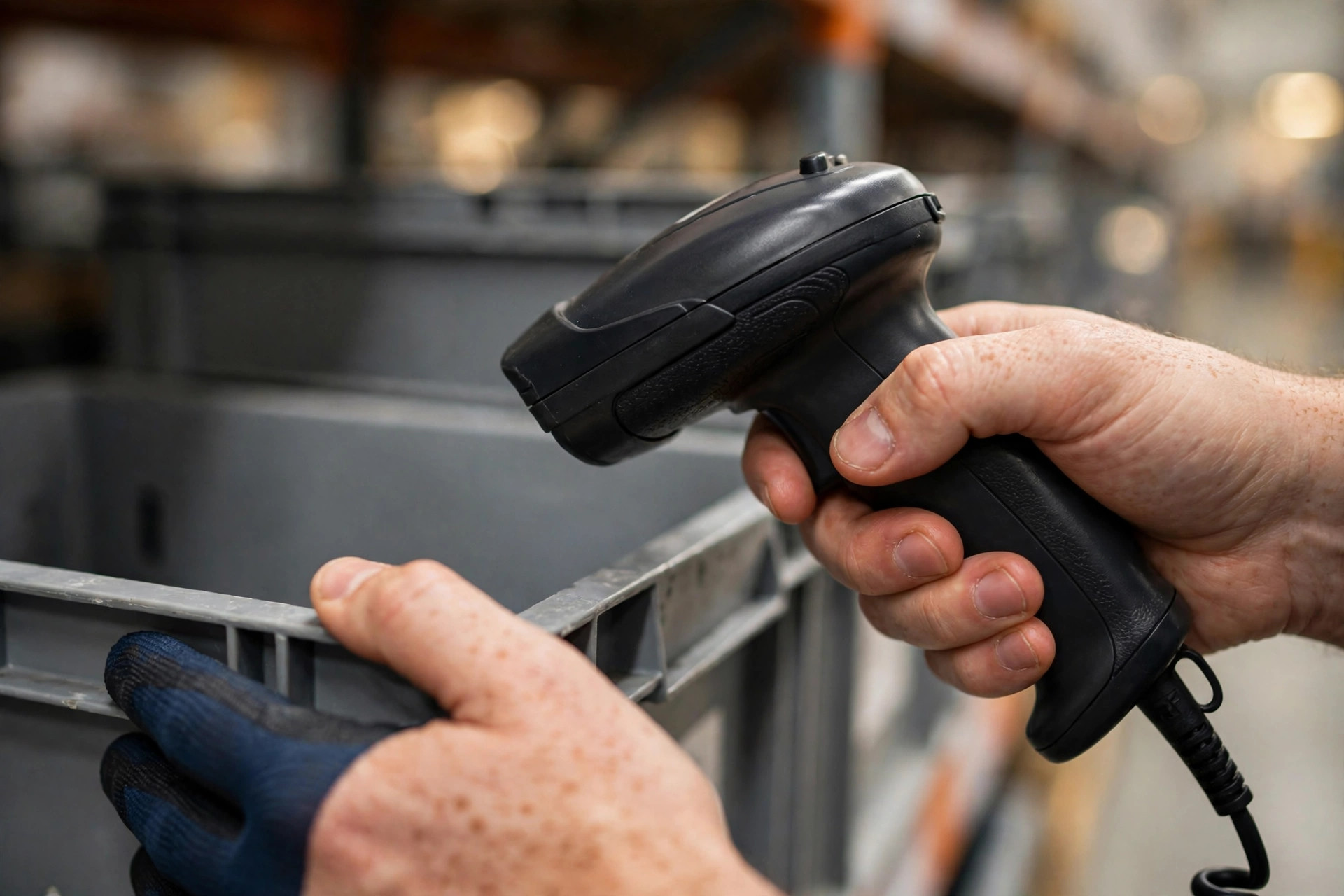 A worker cycle counting a single bin location with an RF scanner