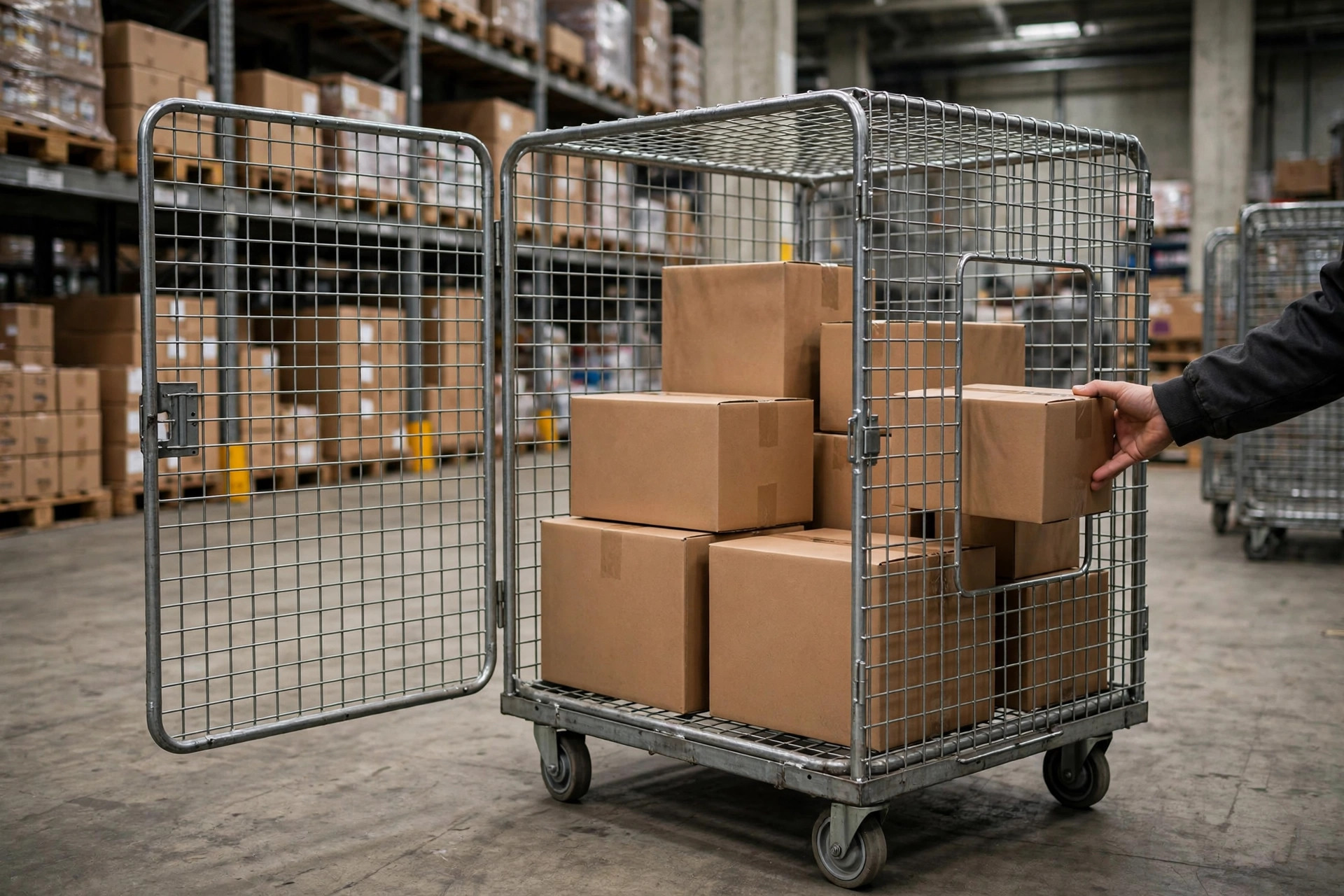 Cage trolley loaded with cartons in a warehouse picking area