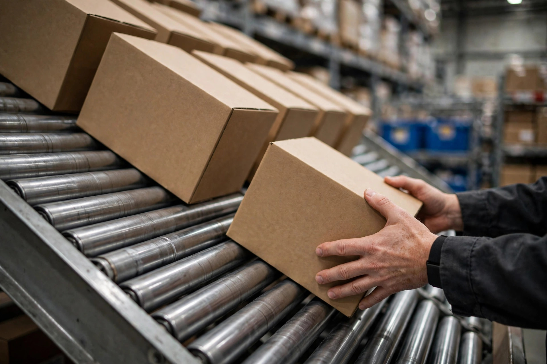 Préparateur travaillant sur une face de picking d'un rack dynamique à cartons